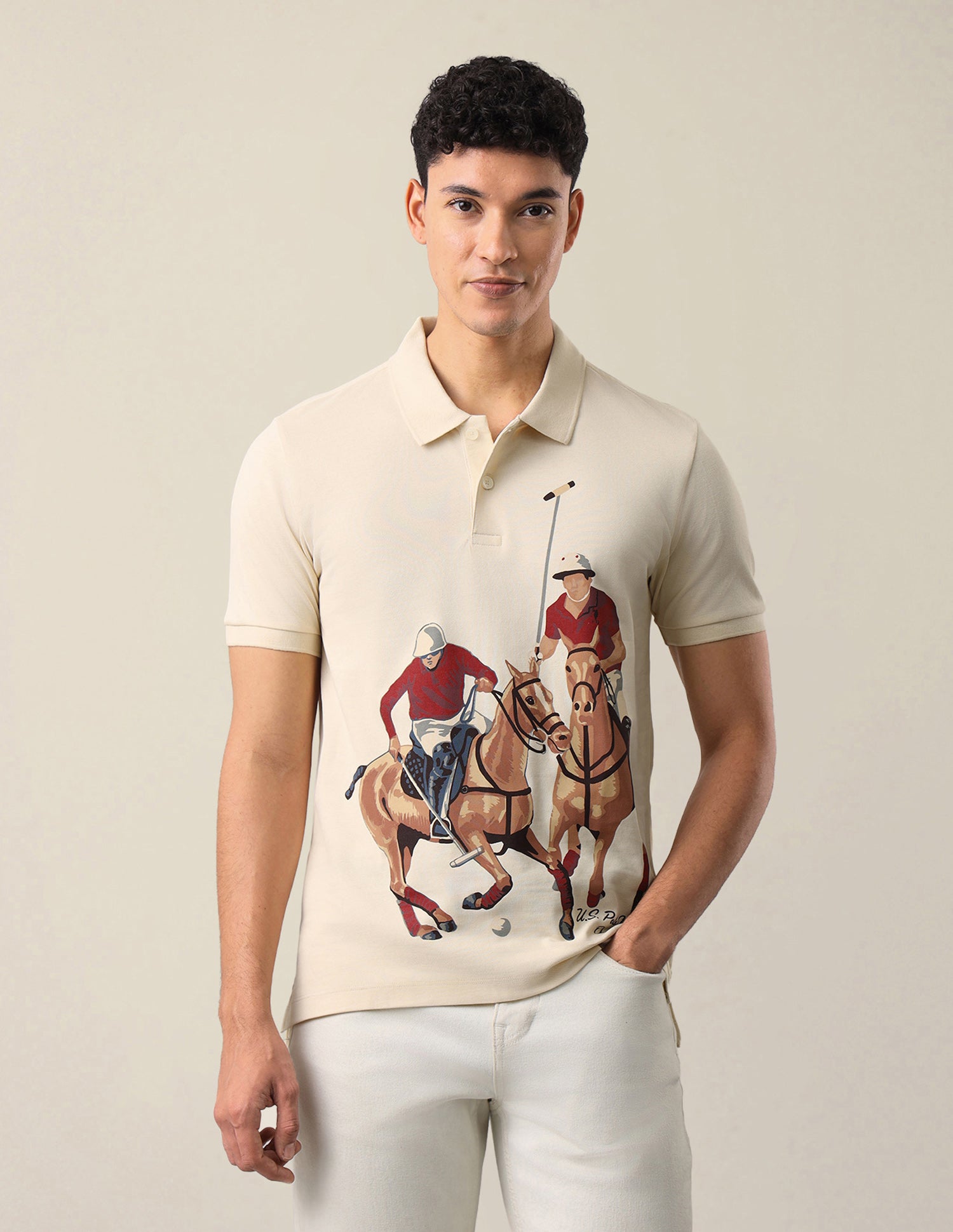 Graphic Brand Printed Slim Fit Polo Shirt Ecru - U.S. Polo Assn. India | Large