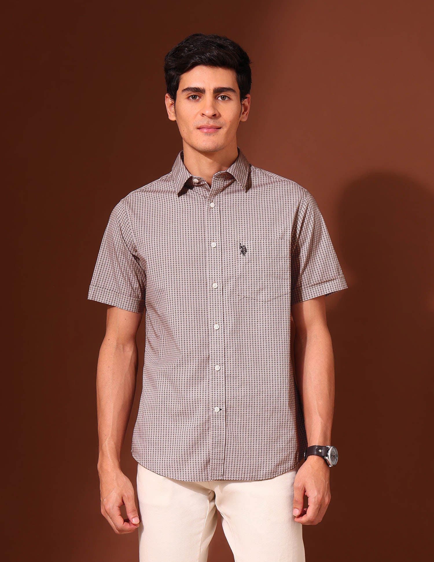 Geometric Printed Tailored Fit Shirt Beige - U.S. POLO ASSN. | Large