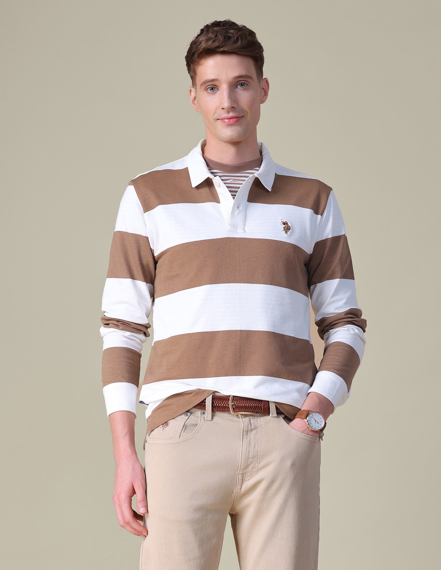 Horizontal Striped Slim Fit Polo Shirt Light Brown - U.S. POLO ASSN. | Large