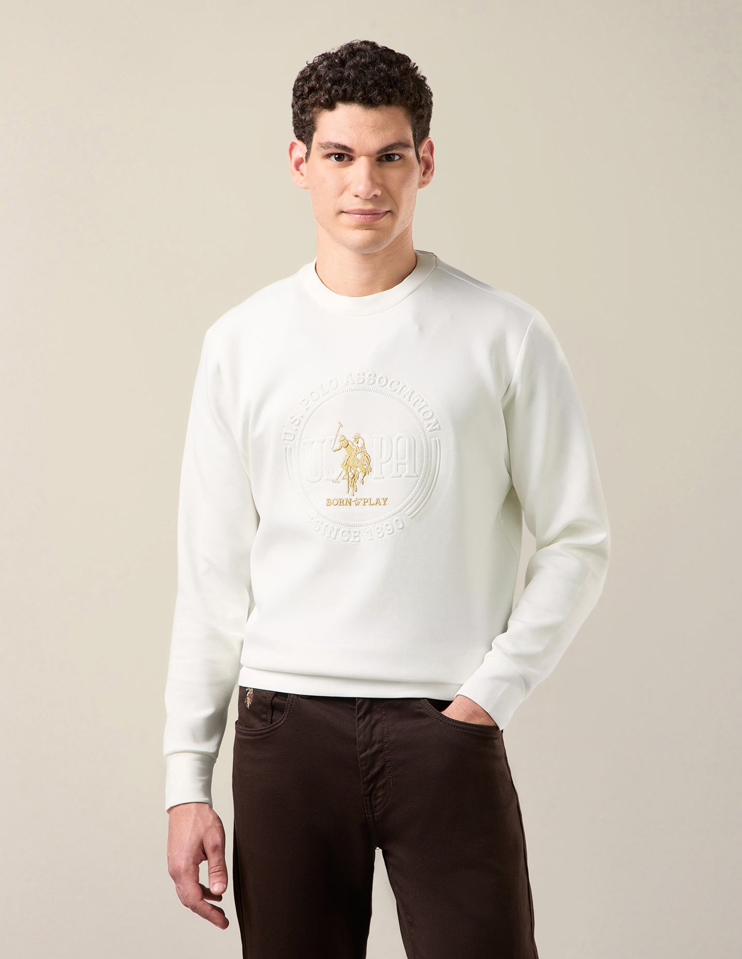 Brand Embossed Slim Fit Sweatshirt Off White - U.S. Polo Assn. India | Large
