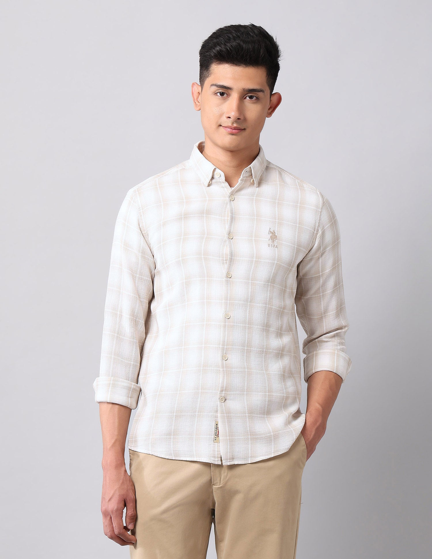 Windowpane Checked Pure Cotton Shirt Ecru - U.S. Polo Assn. India | Large