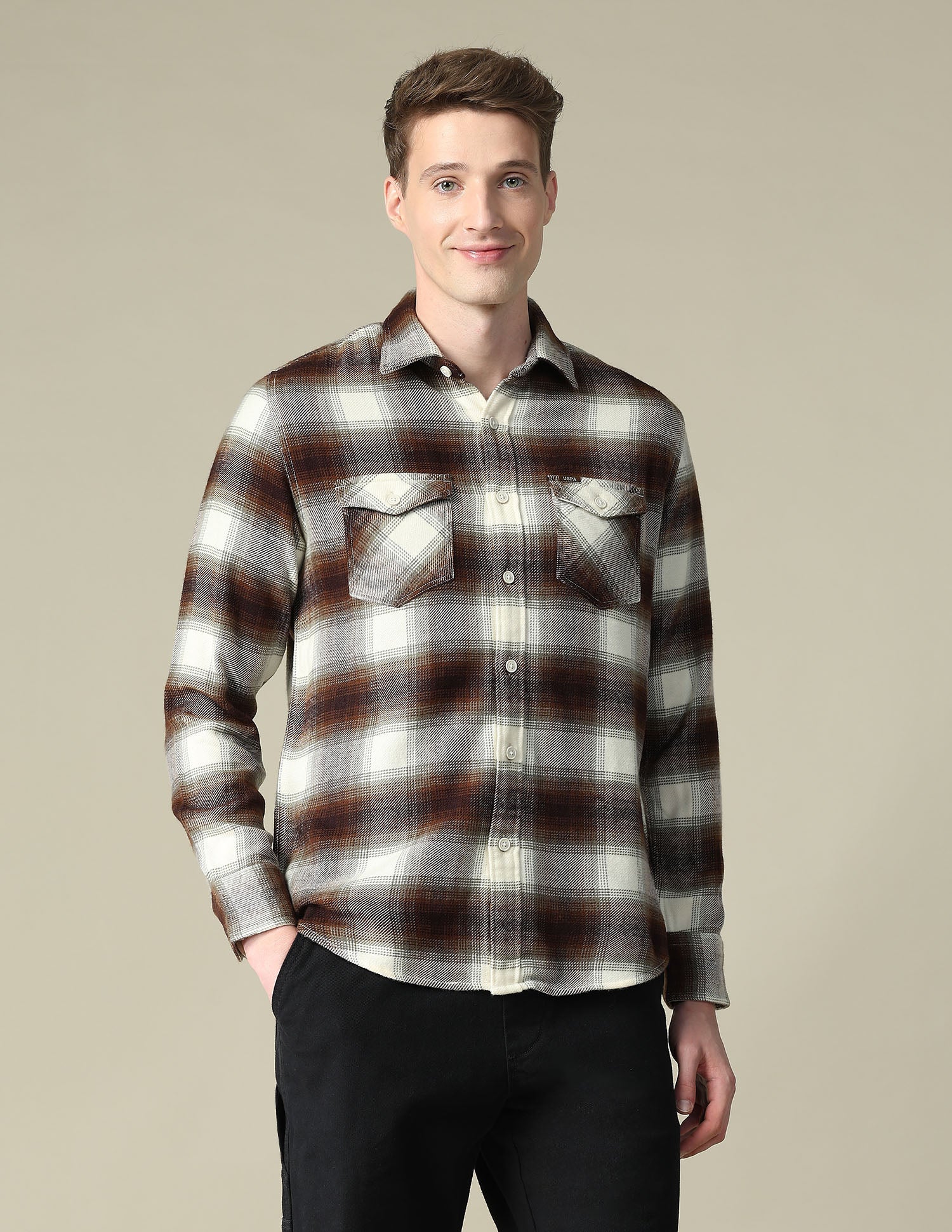 Twill Plaid Checked Shacket Ivory - U.S. Polo Assn. India | Large