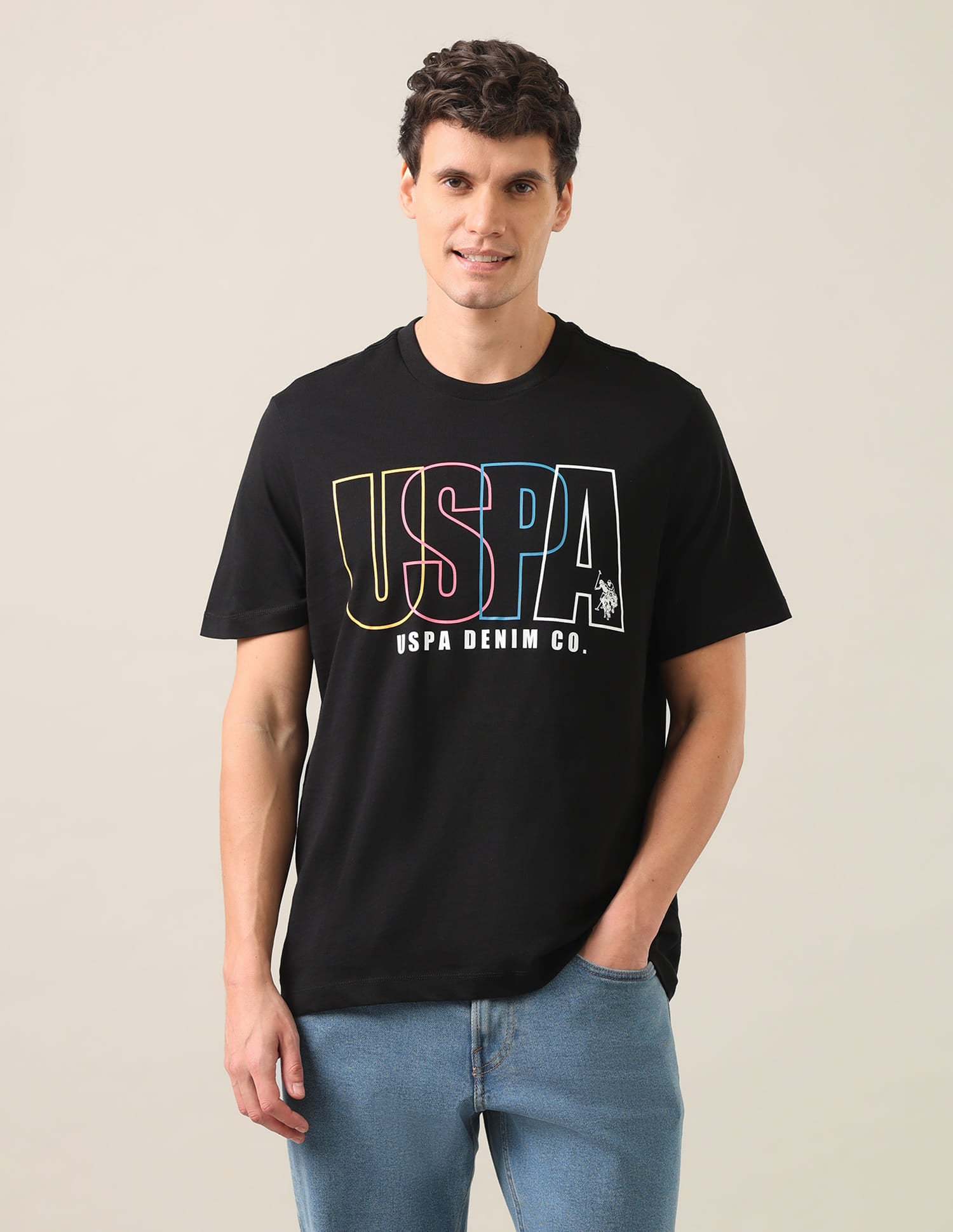Typographic Brand Printed Relaxed Fit T-Shirt Black - U.S. Polo Assn. India | Large