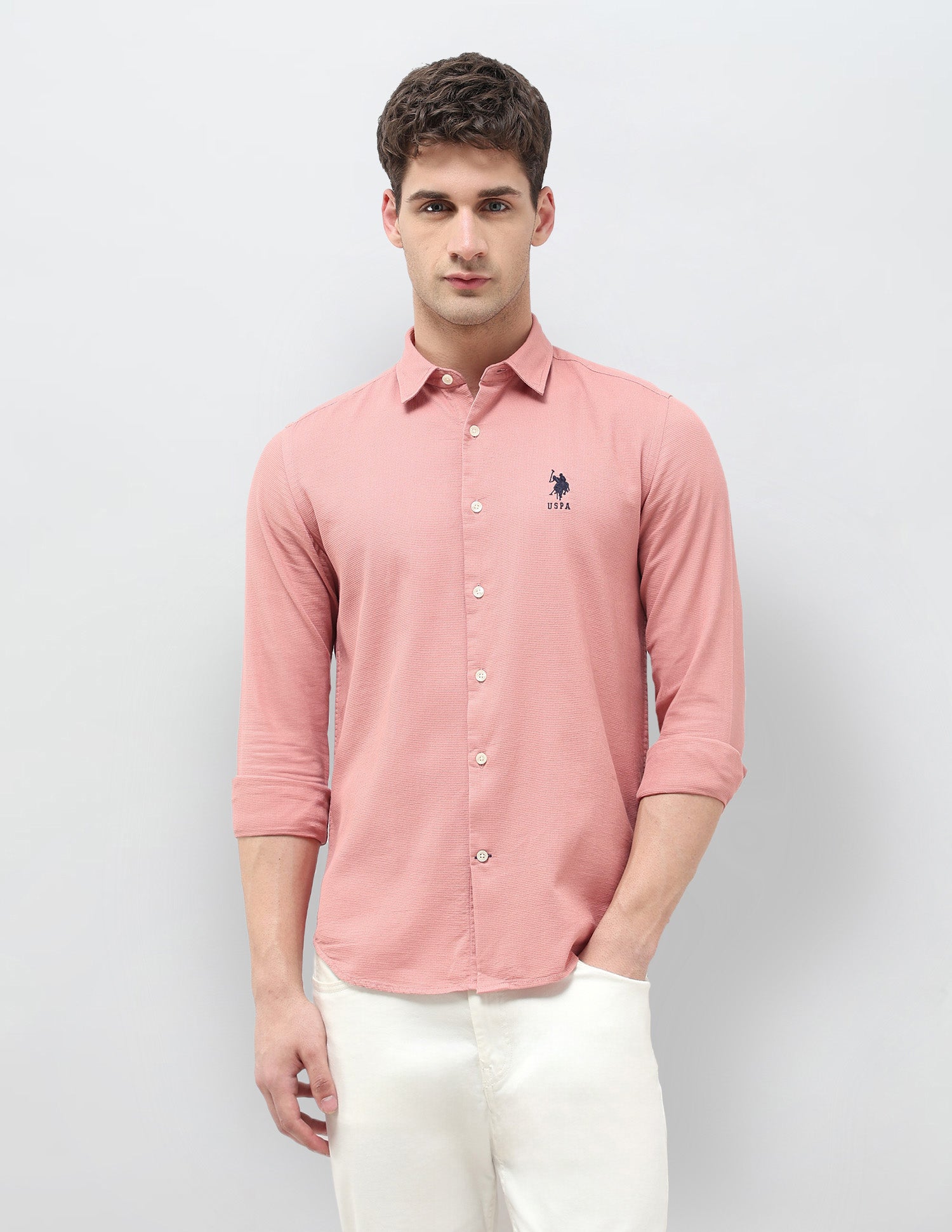 Textured Dobby Regular Fit Shirt Dark Pink - U.S. Polo Assn. India | Large