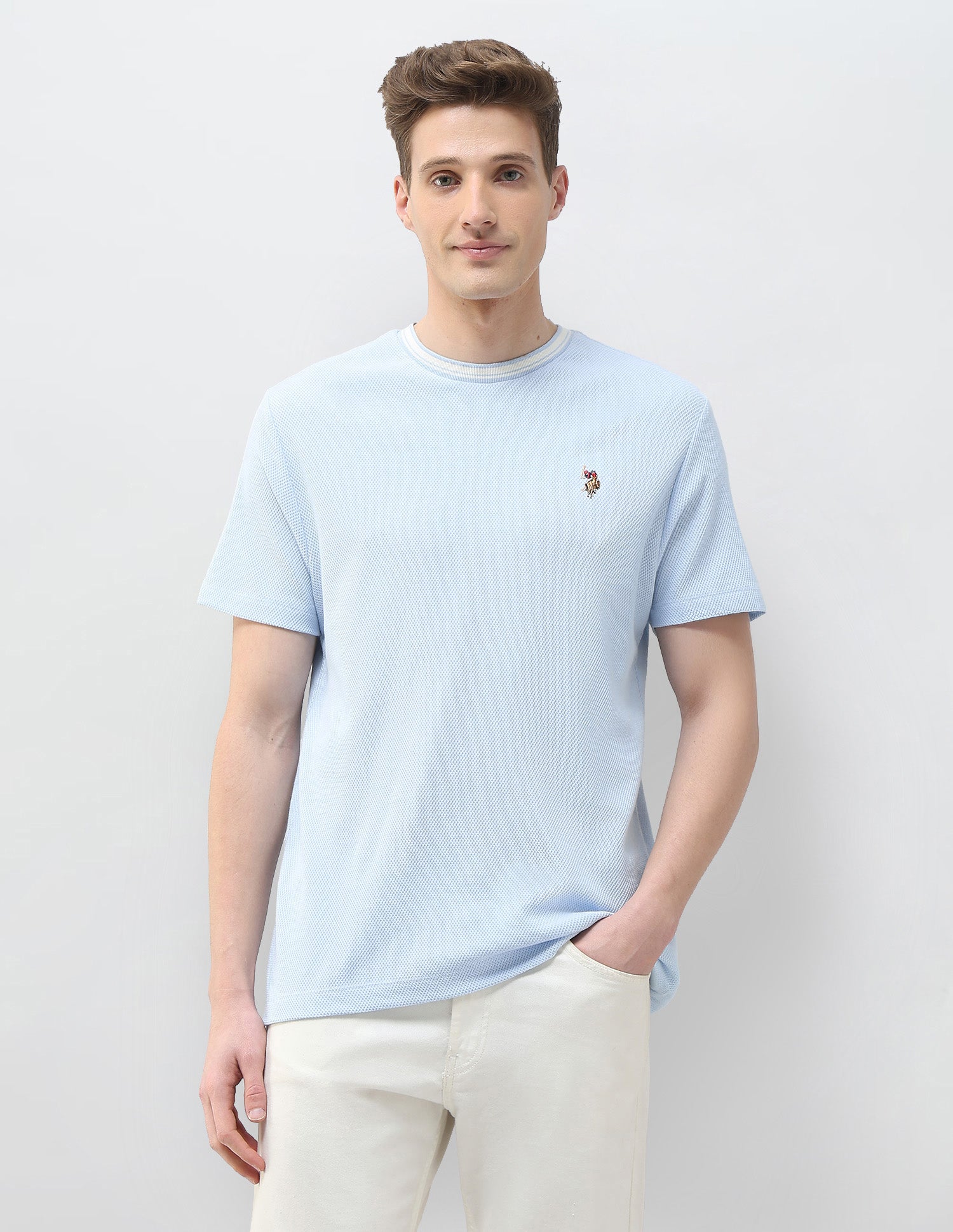 Textured Motel On The Coast Slim Fit T-Shirt Light Blue - U.S. Polo Assn. India | Large