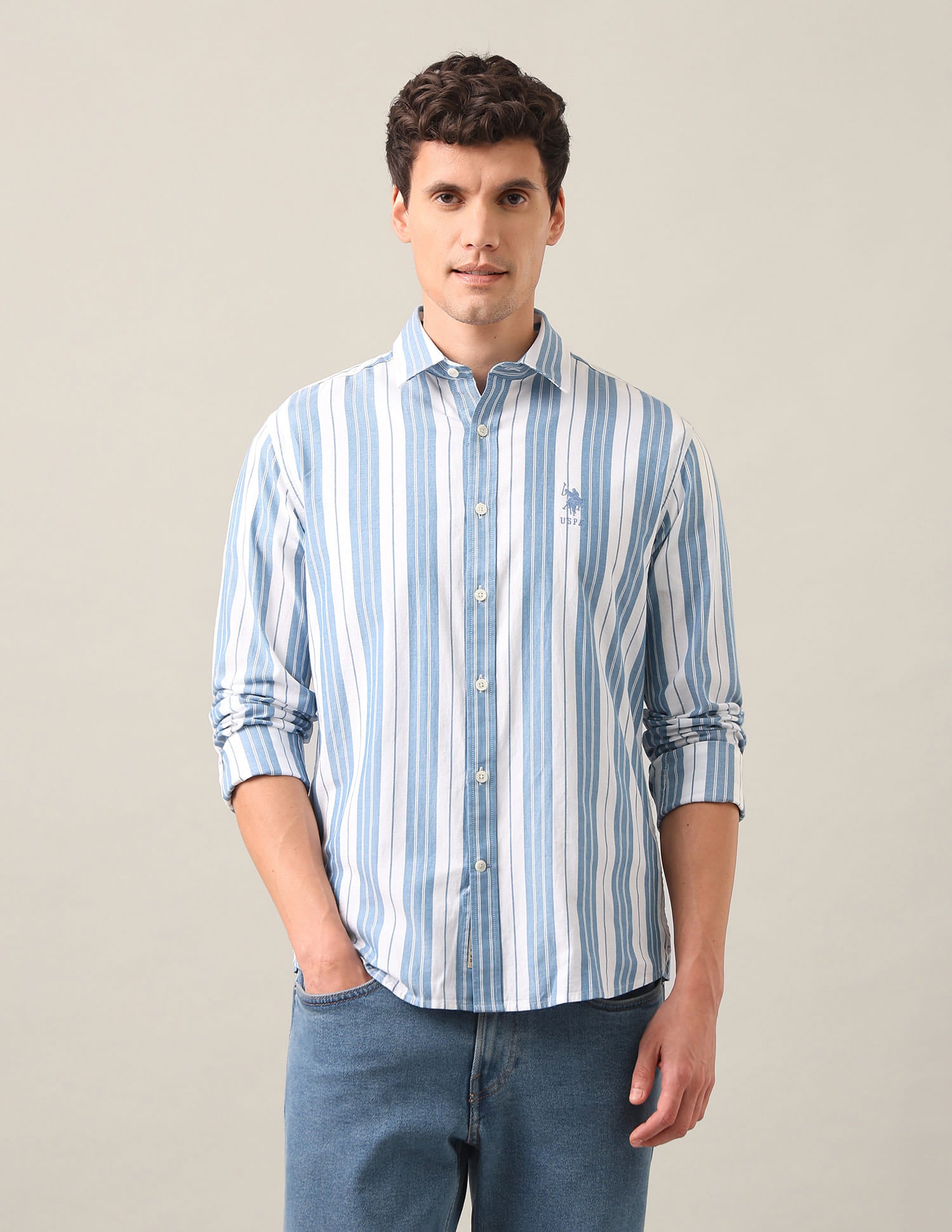 Vertical Striped Twill Shirt Blue - U.S. Polo Assn. India | Large