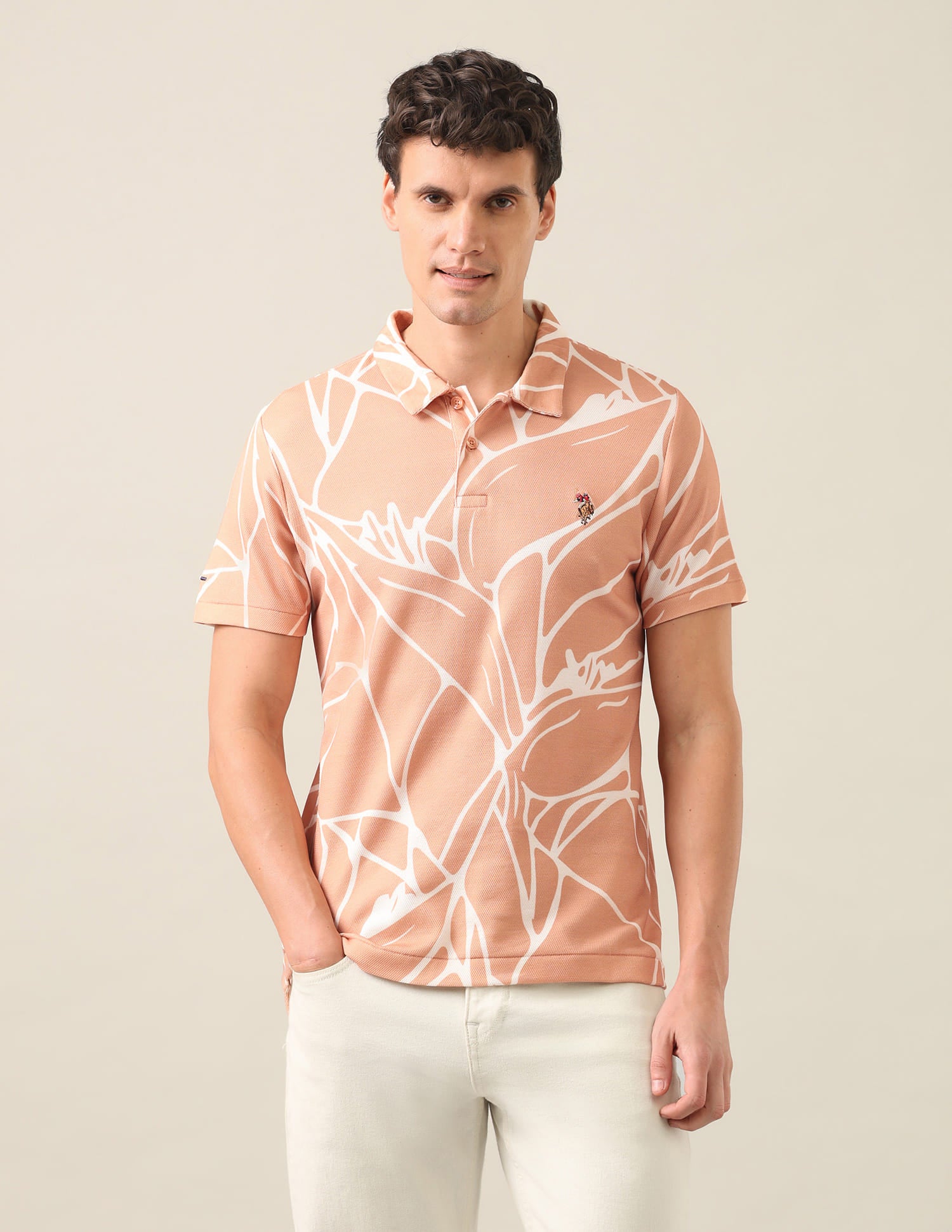 Abstract Printed Slim Fit Polo Shirt Light Orange - U.S. Polo Assn. India | Large