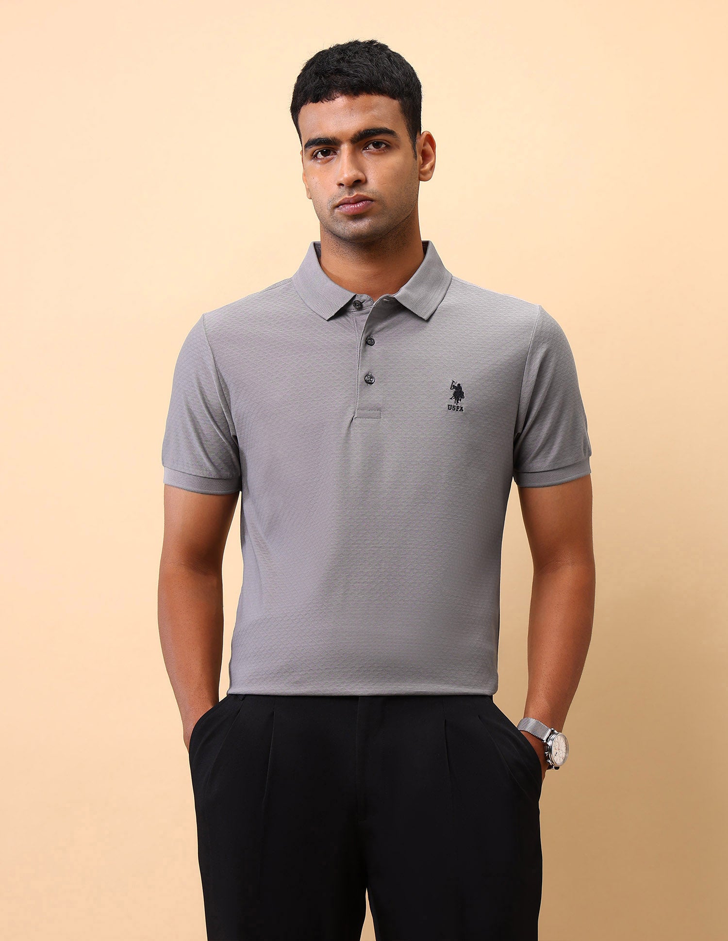 Textured Pure Cotton Polo Shirt Grey - U.S. POLO ASSN. | Large