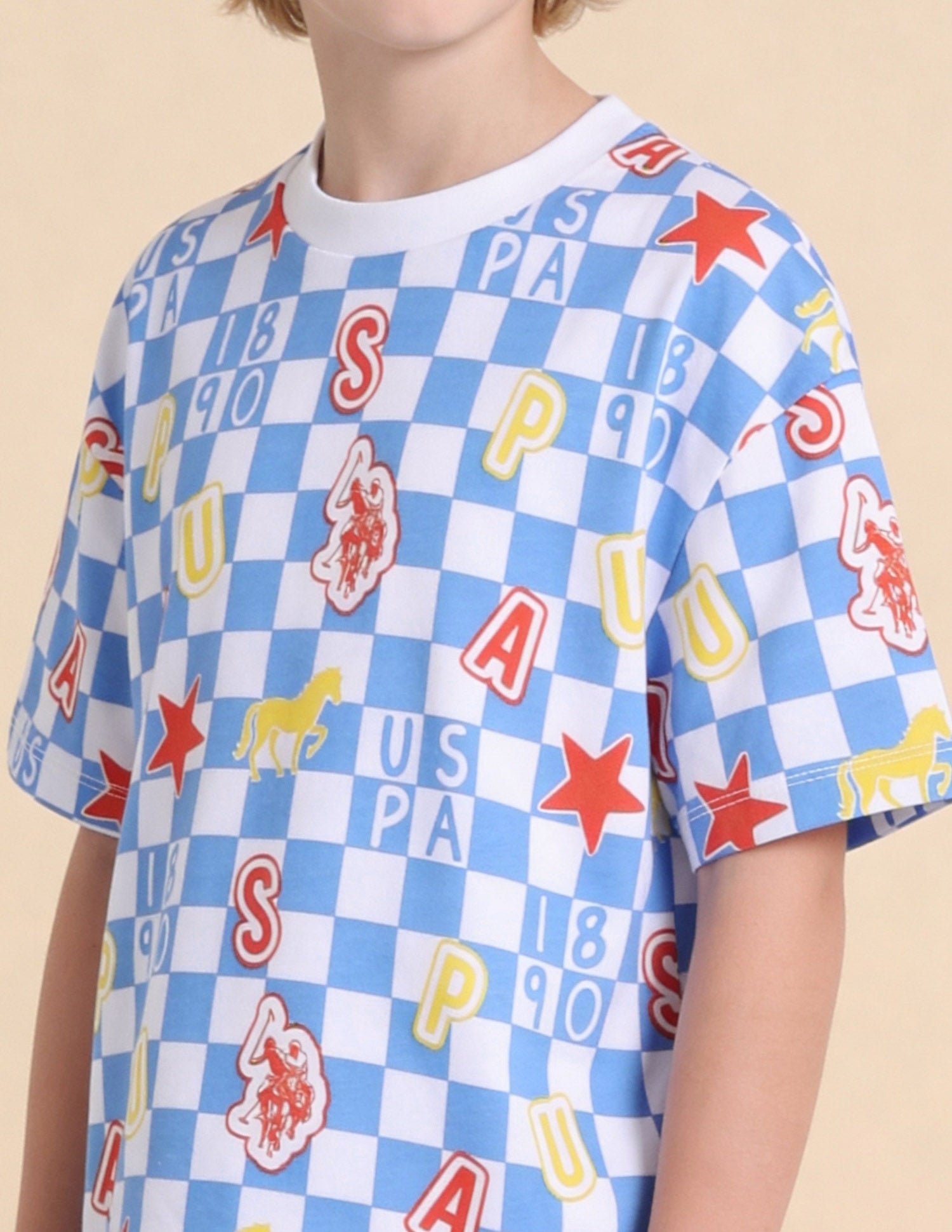 Checked Brand Printed Oversized Fit T-Shirt Light Blue - U.S. Polo Assn. India | Large