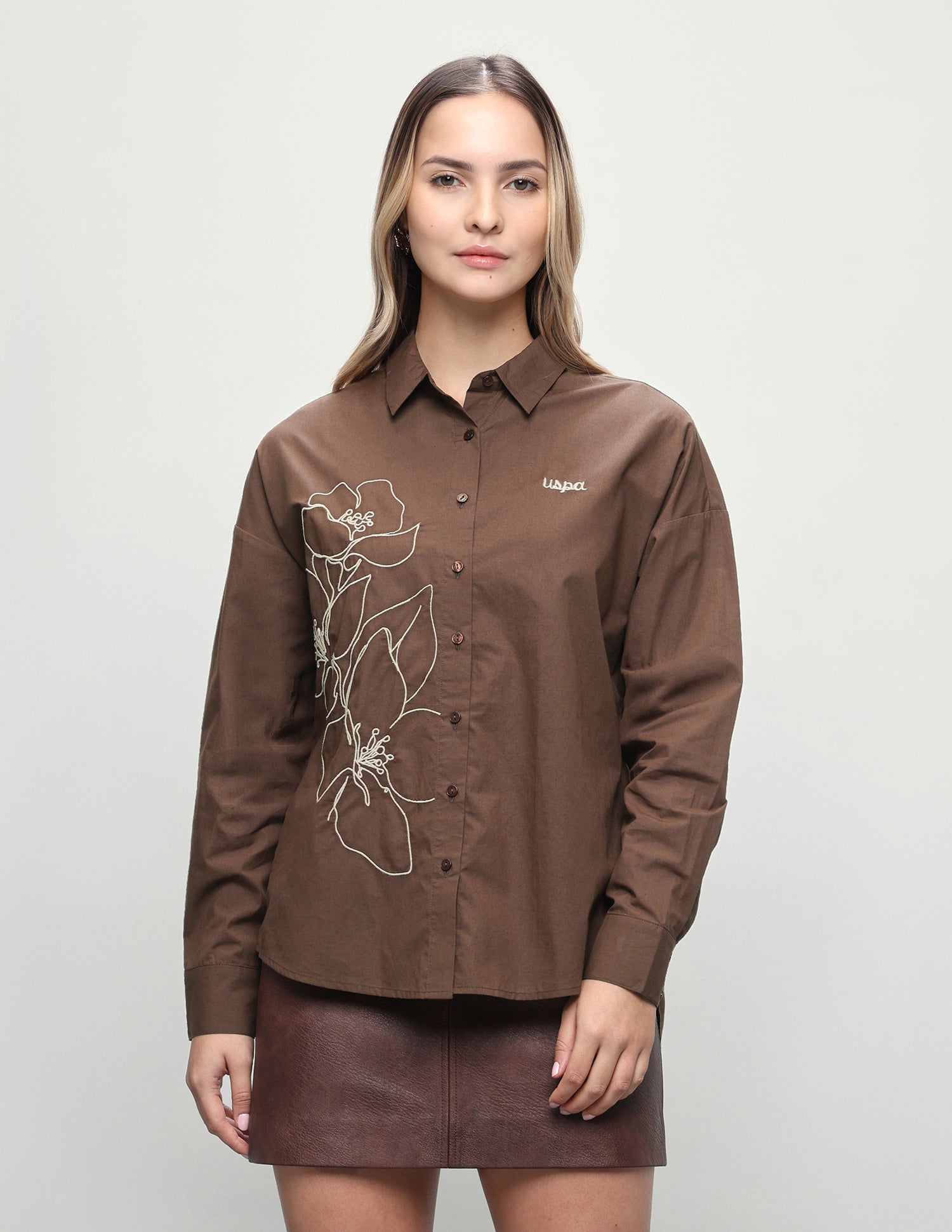 Floral Embroidered Oversized Fit Shirt Brown - U.S. Polo Assn. India | Large