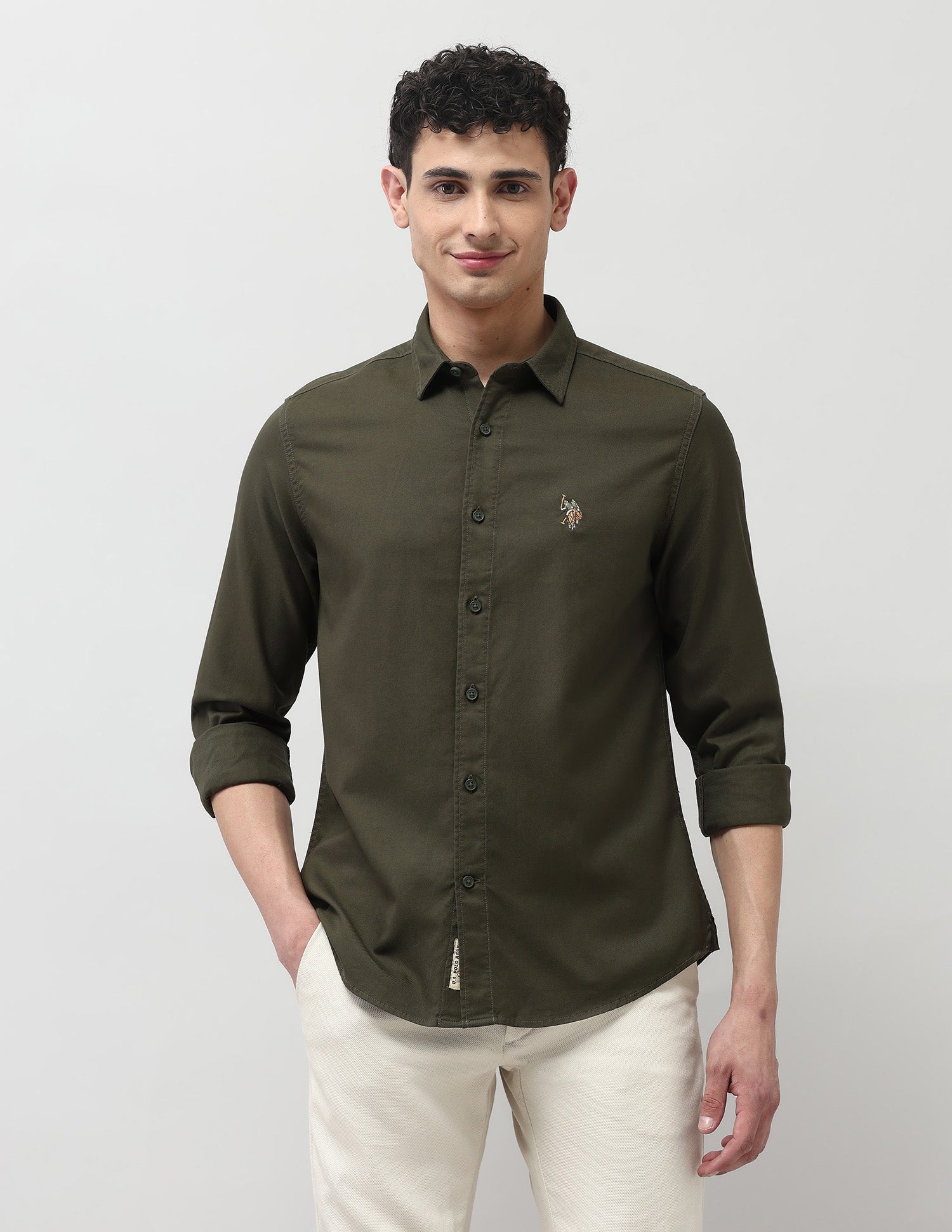 Twill Pure Cotton Shirt Dark Olive - U.S. POLO ASSN. | Large