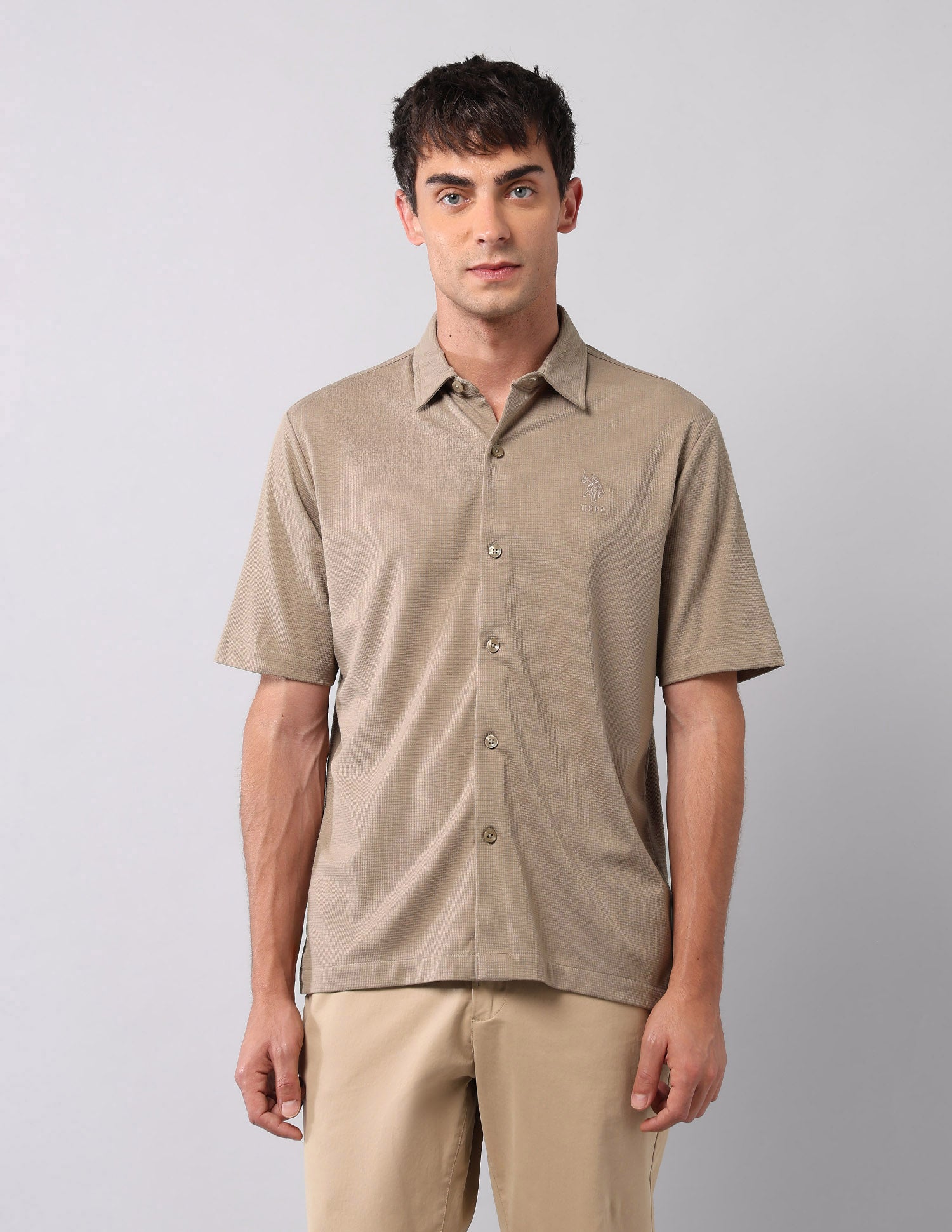 Relaxed Fit Knitted Pure Cotton Shirt Khaki - U.S. Polo Assn. India | Large