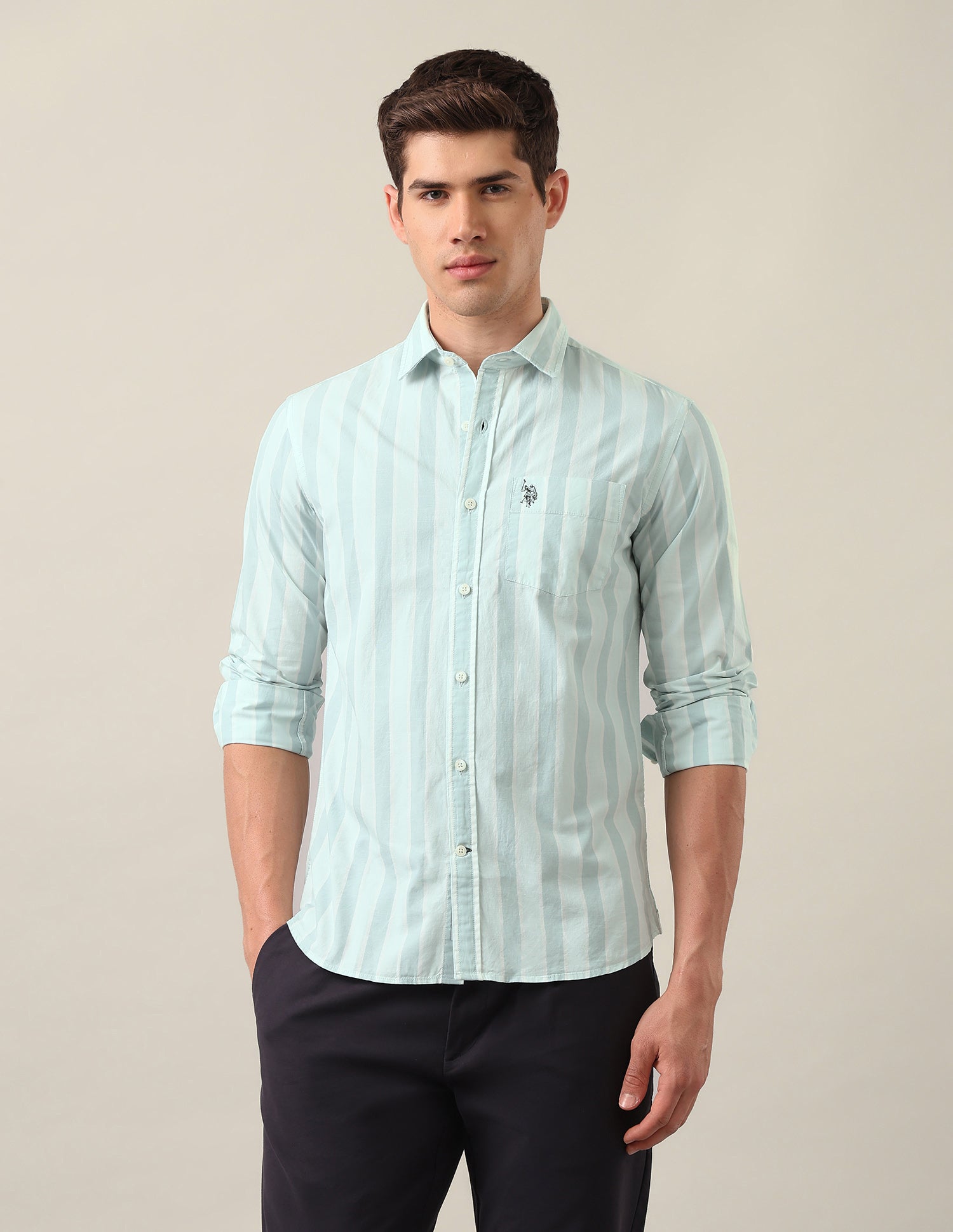 Tailored Fit Vertical Striped Shirt Green - U.S. Polo Assn. India | Large