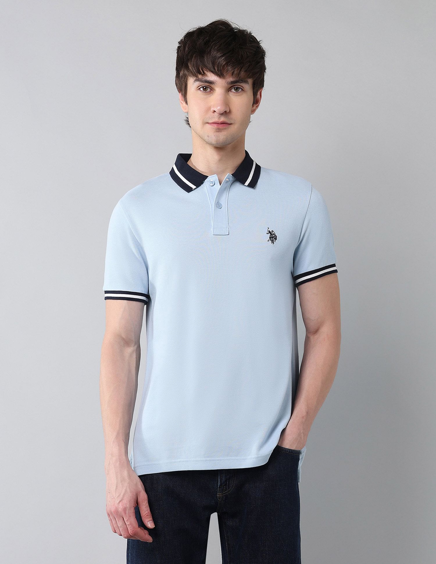 Pure Cotton Muscle Fit Polo Shirt Light Blue - U.S. Polo Assn. India | Large