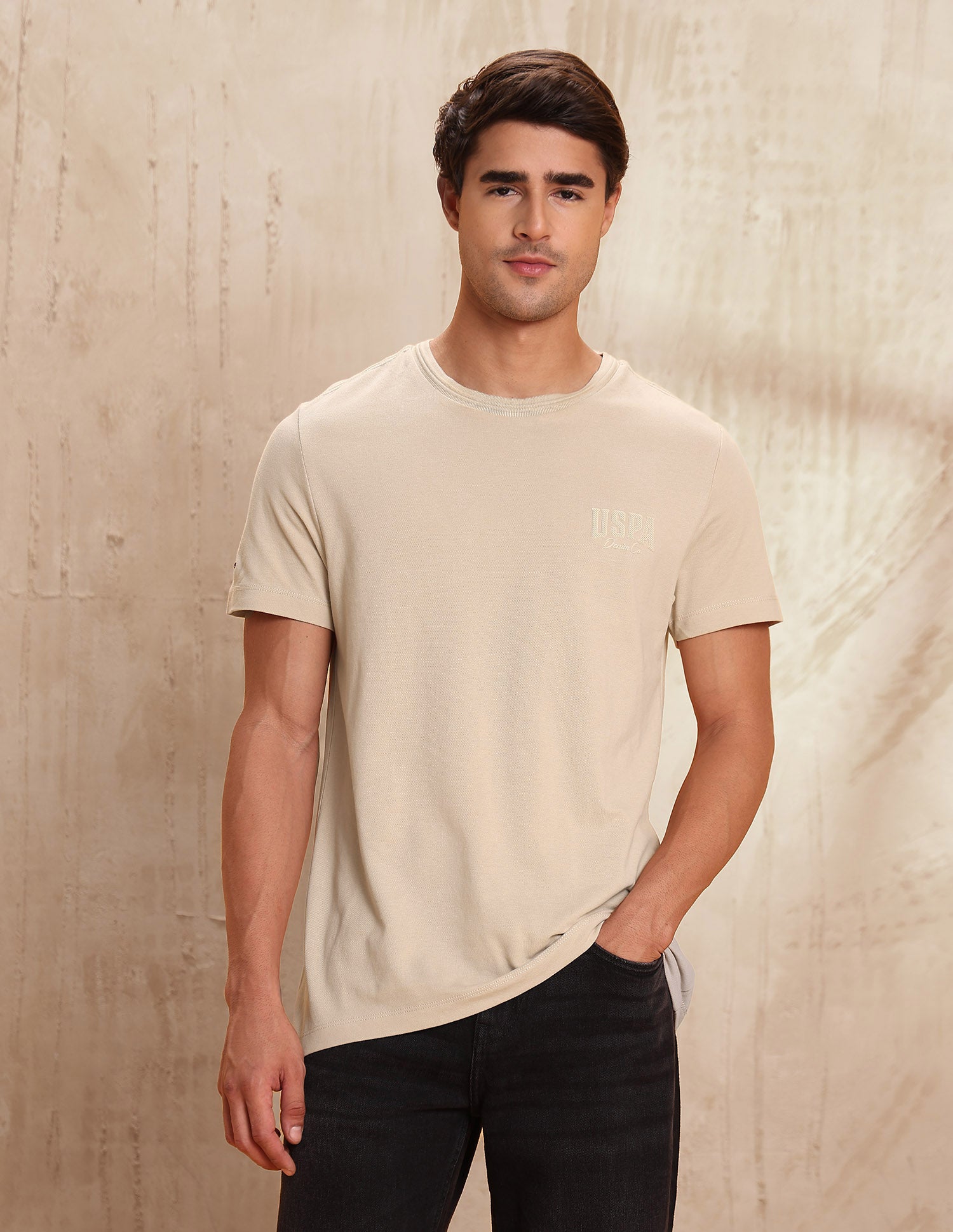 Textured Pure Cotton T-Shirt Beige - U.S. POLO ASSN. | Large