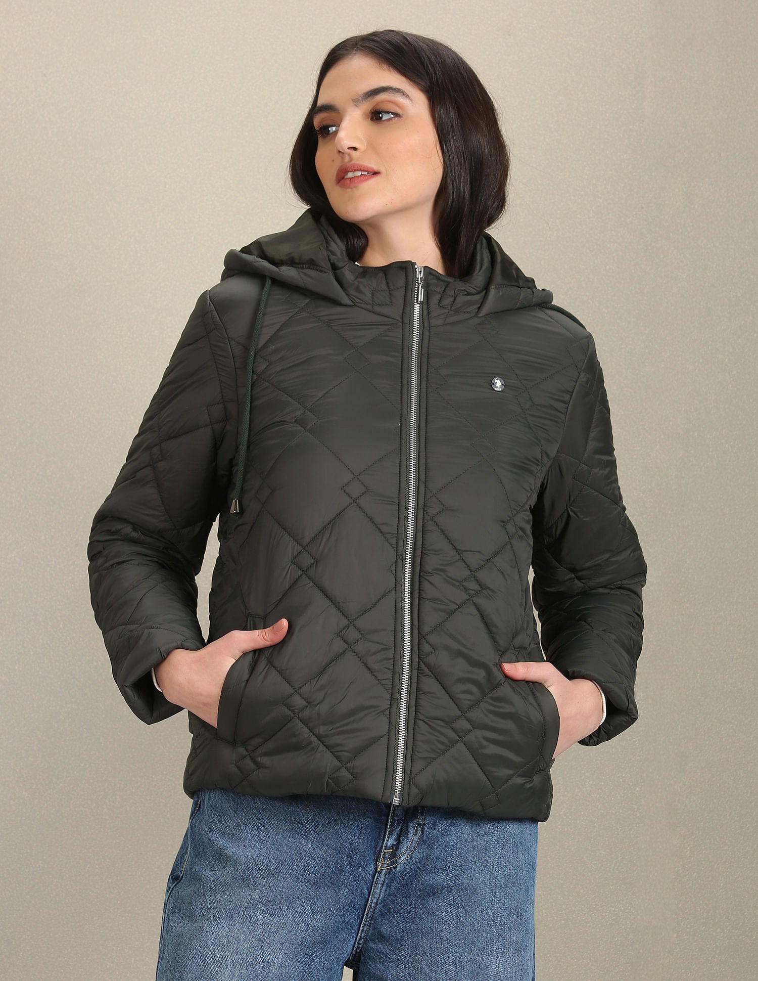 Solid Quilted Jacket Dark Green - U.S. Polo Assn. India | Large