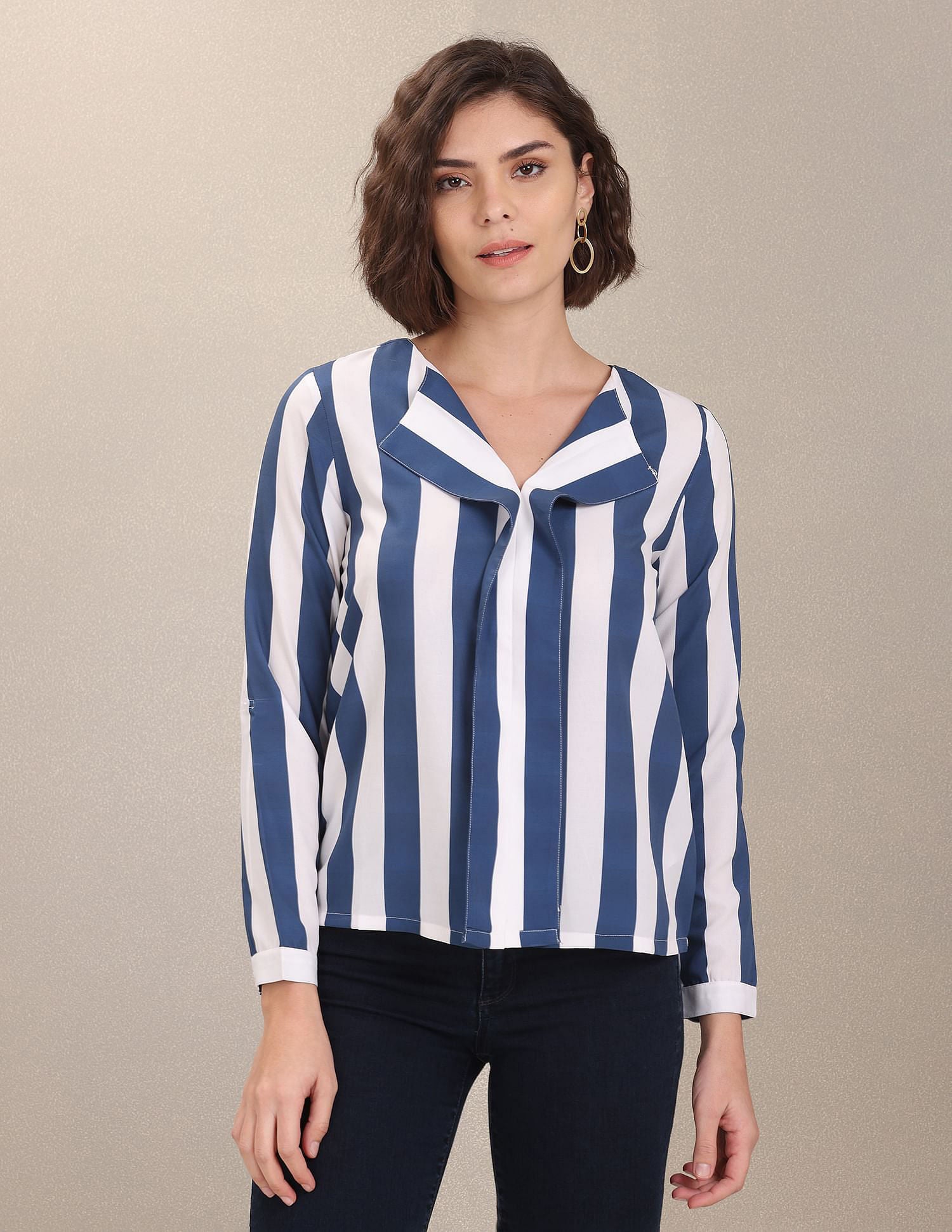 Notched Neck Vertical Striped Evening Top White and Blue - U.S. POLO ASSN. | Large