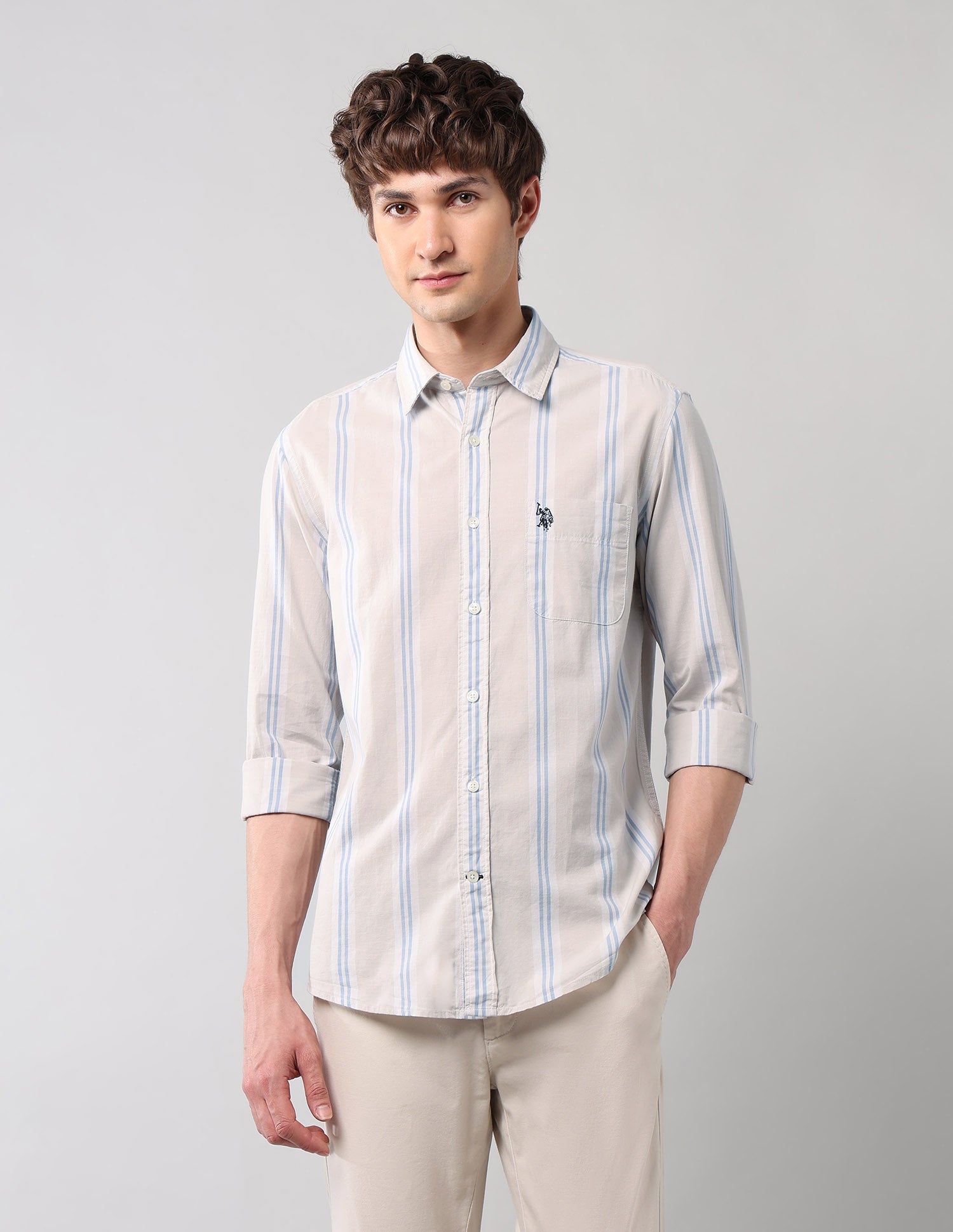Vertical Striped Regular Fit Shirt Light Khaki - U.S. Polo Assn. India | Large