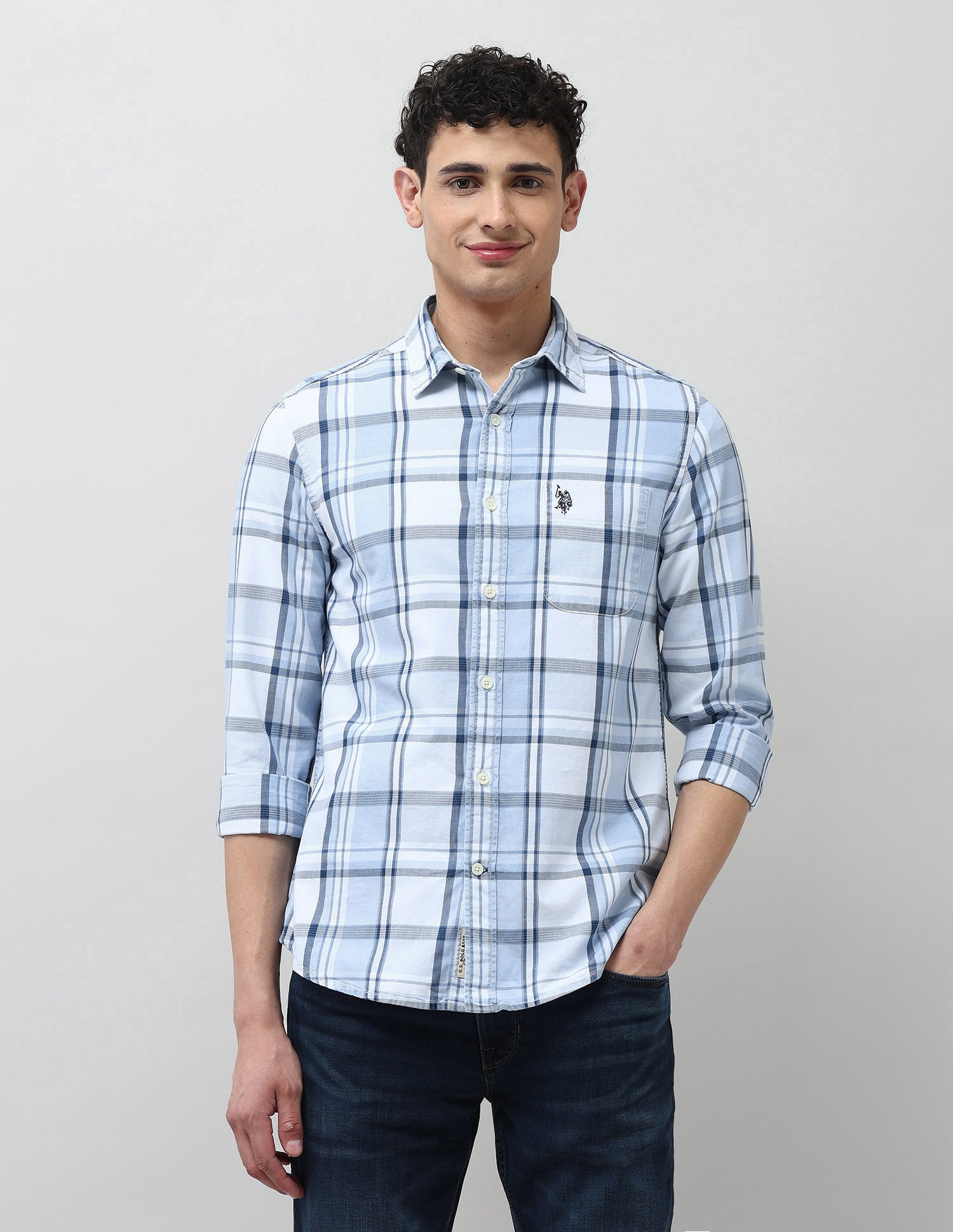 Twill Plaid Checked Shirt Light Indigo - U.S. Polo Assn. India | Large