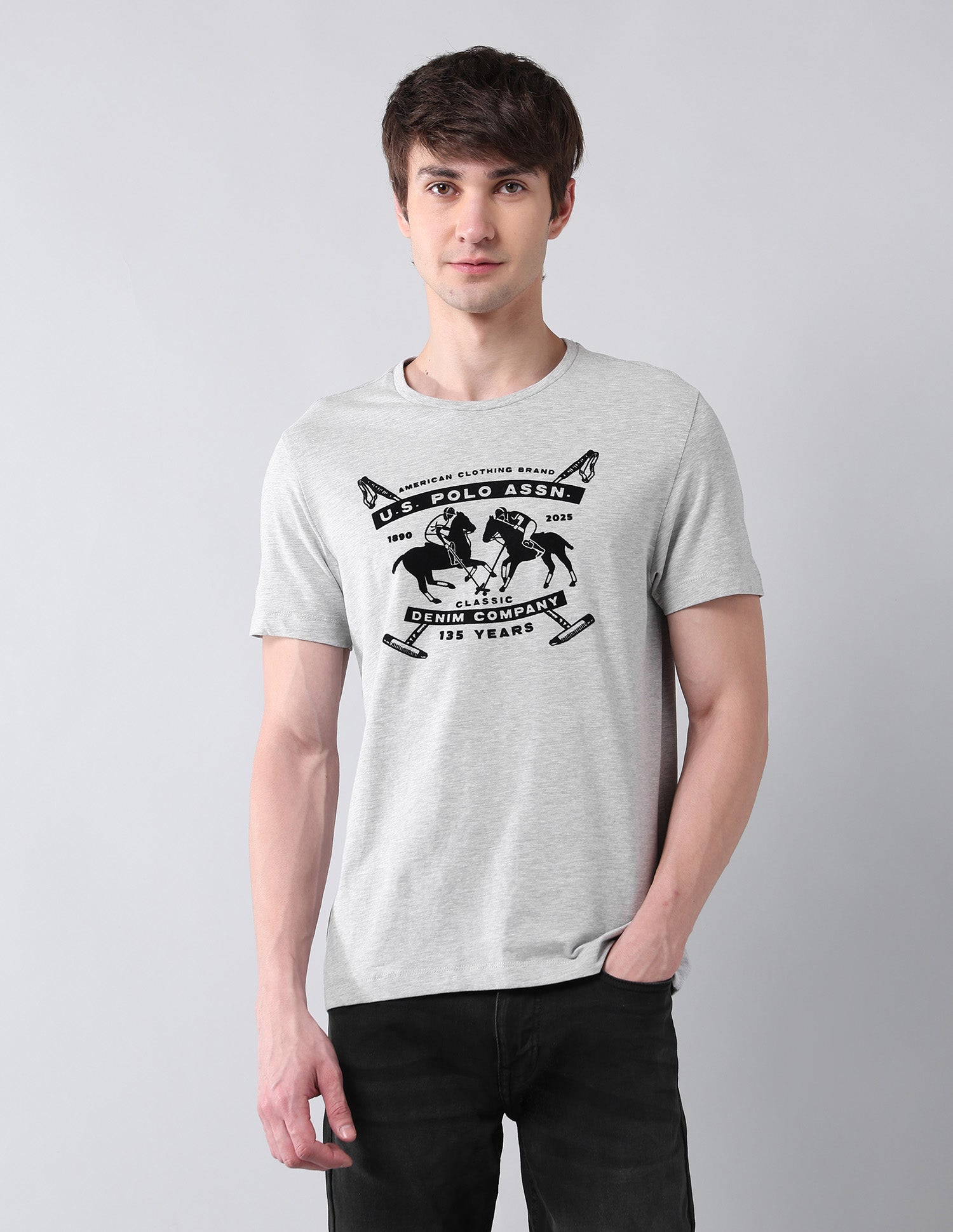 Brand Printed Pure Cotton Americana T-Shirt Grey Melang - U.S. Polo Assn. India | Large