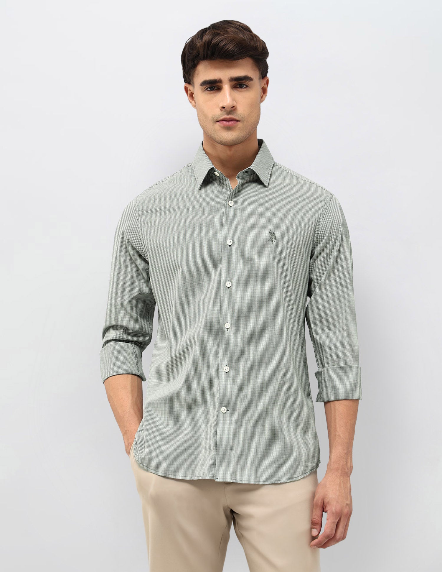 Micro Checked Tailored Fit Shirt Olive - U.S. POLO ASSN. | Large