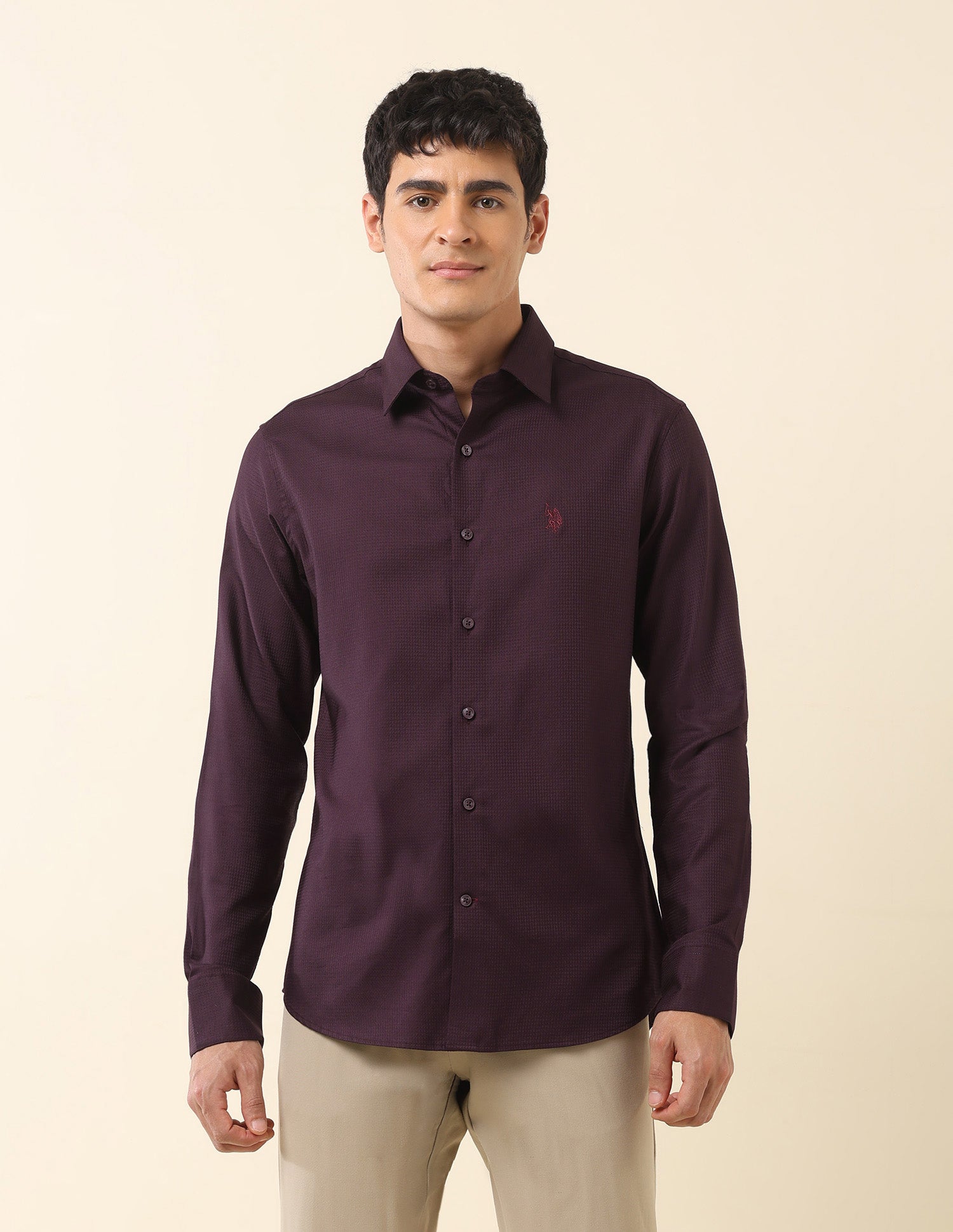 Tailored Fit Solid Pure Cotton Shirt Wine - U.S. Polo Assn. India | Large