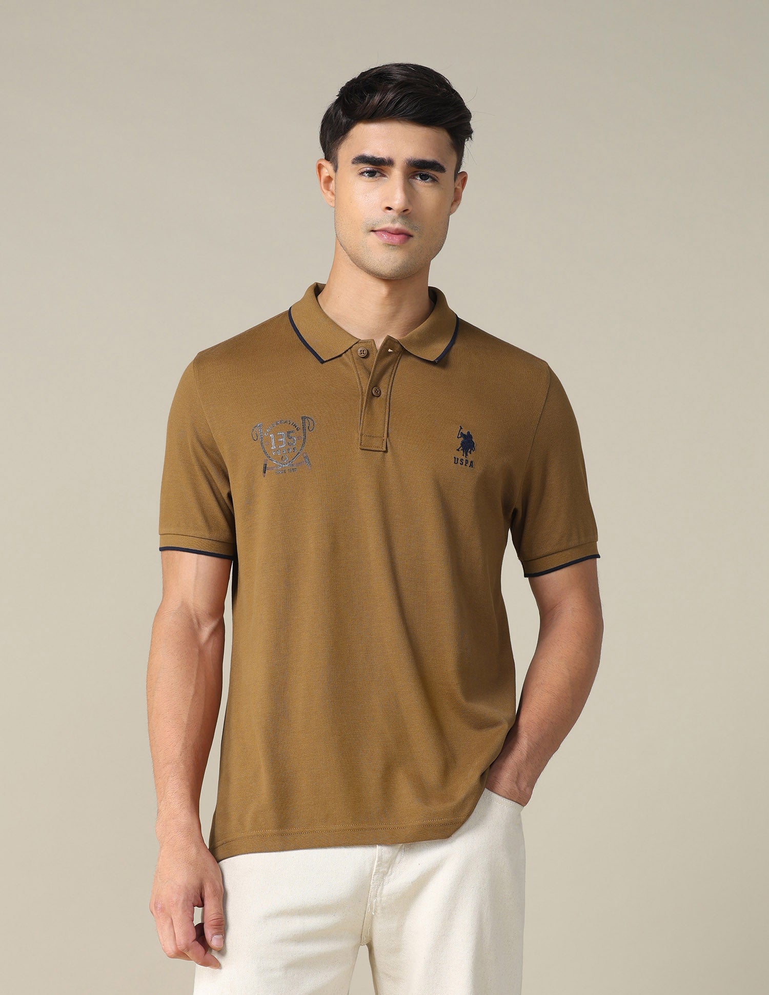 Graphic Printed Regular Fit Polo Shirt Light Beige - U.S. POLO ASSN. | Large