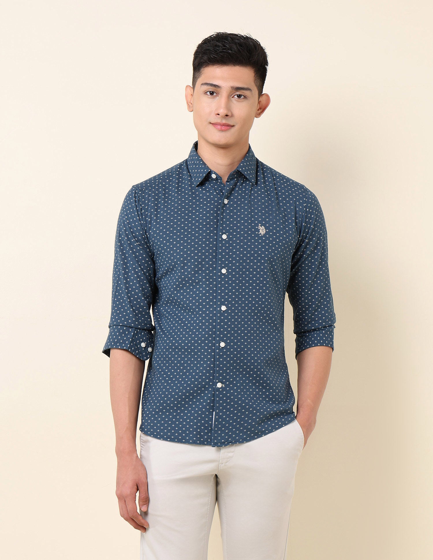 Pure Cotton Geometric Printed Shirt Teal - U.S. Polo Assn. India | Large