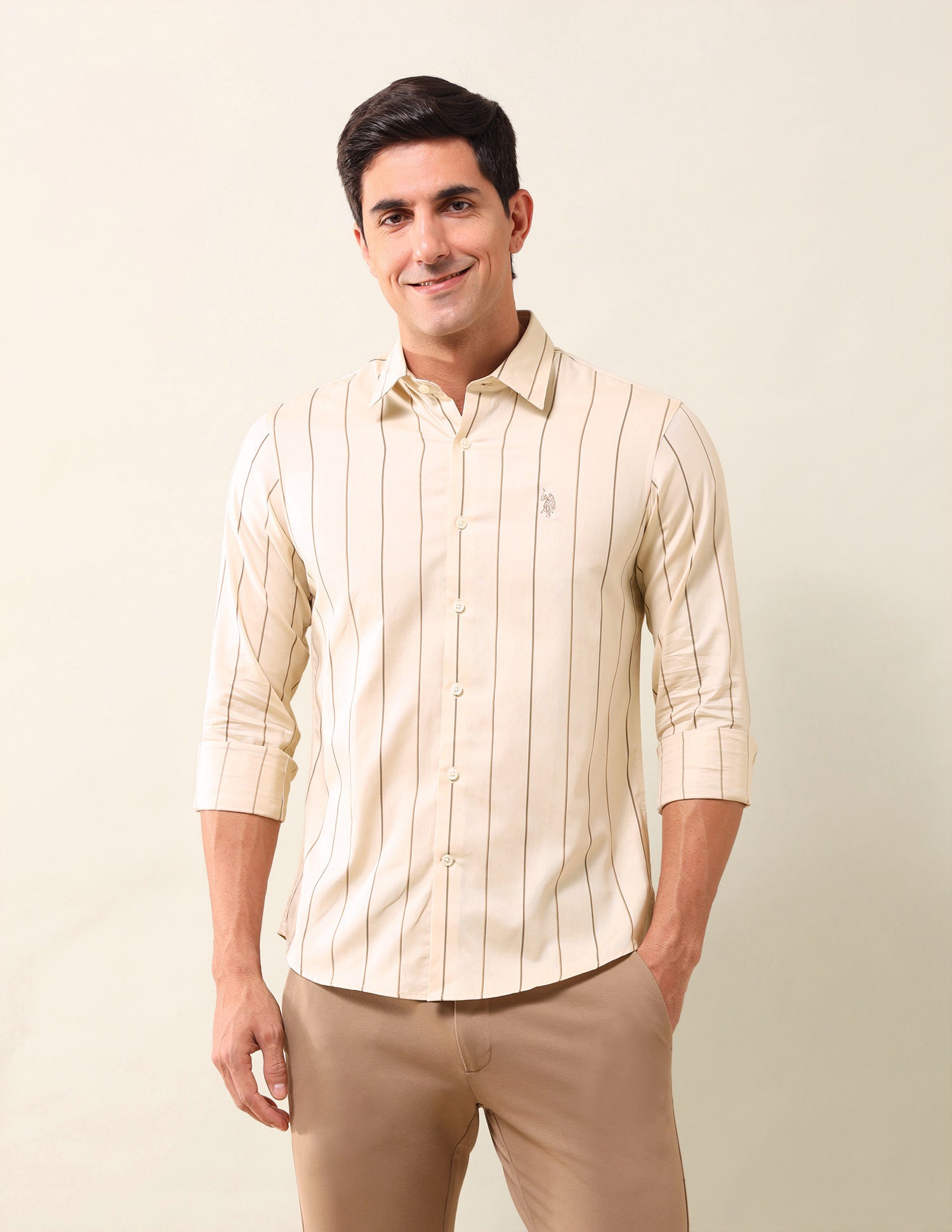 Vertical Striped Tailored Fit Shirt Light Beige - U.S. Polo Assn. India | Large