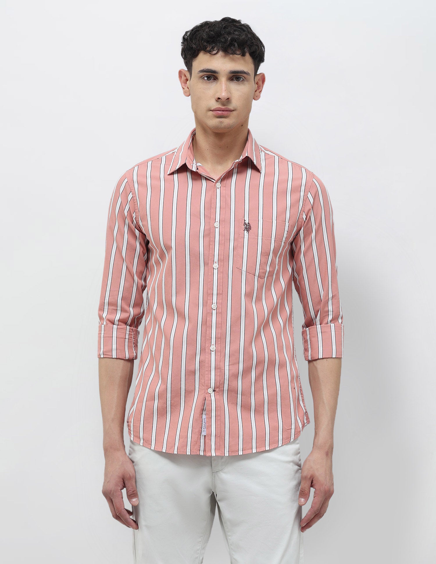 Vertical Striped Tailored Fit Shirt Peach - U.S. Polo Assn. India | Large