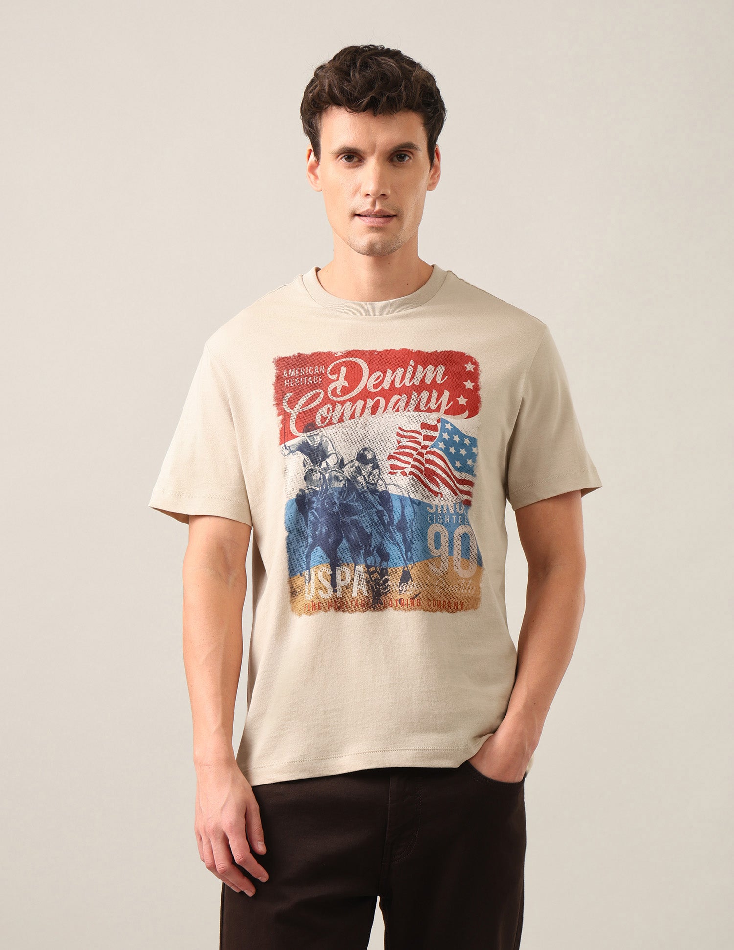 Graphic Brand Printed Regular Fit T-Shirt Beige - U.S. Polo Assn. India | Large