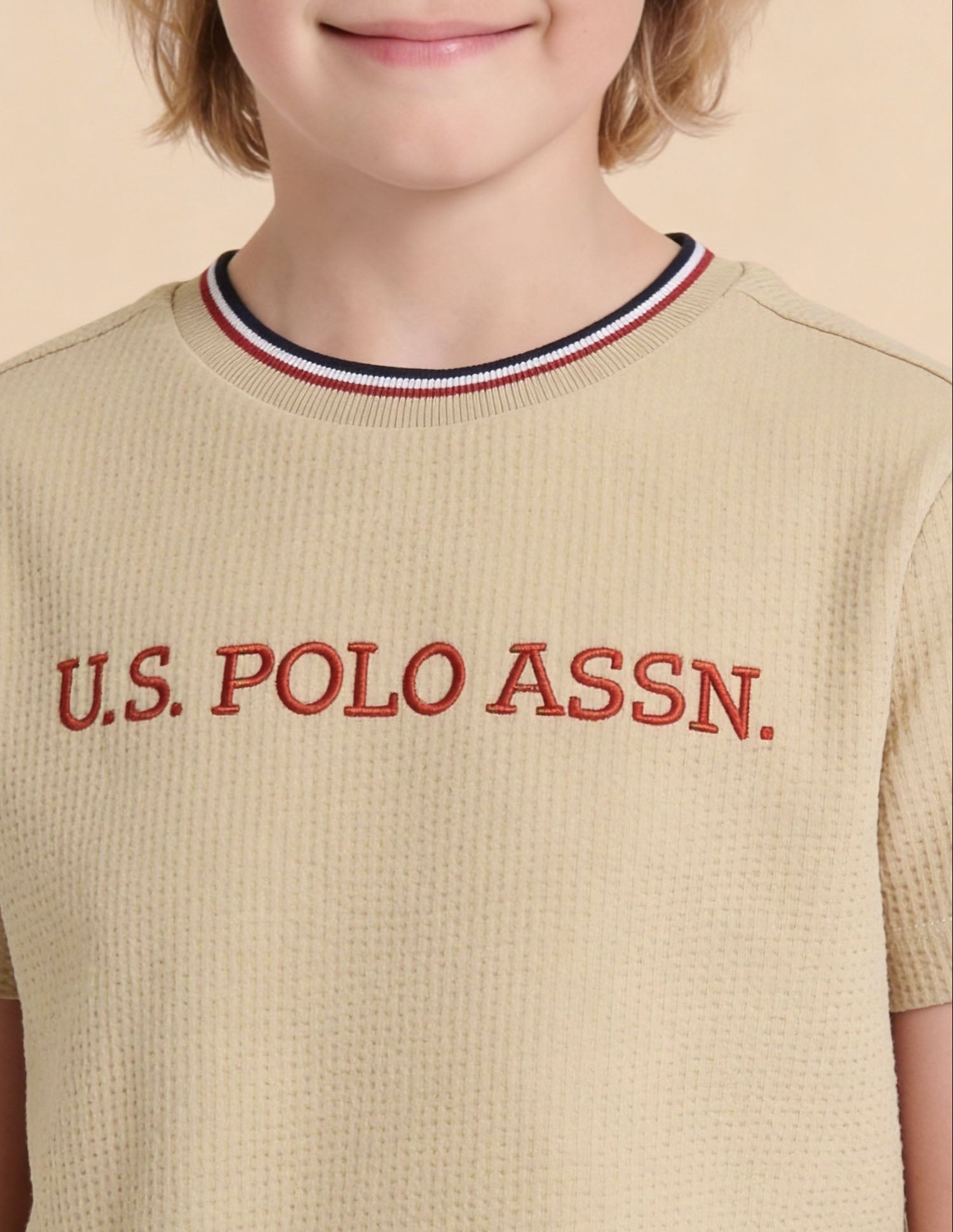 Textured With Brand Embroidered Regular Fit T-Shirt Beige - U.S. Polo Assn. India | Large