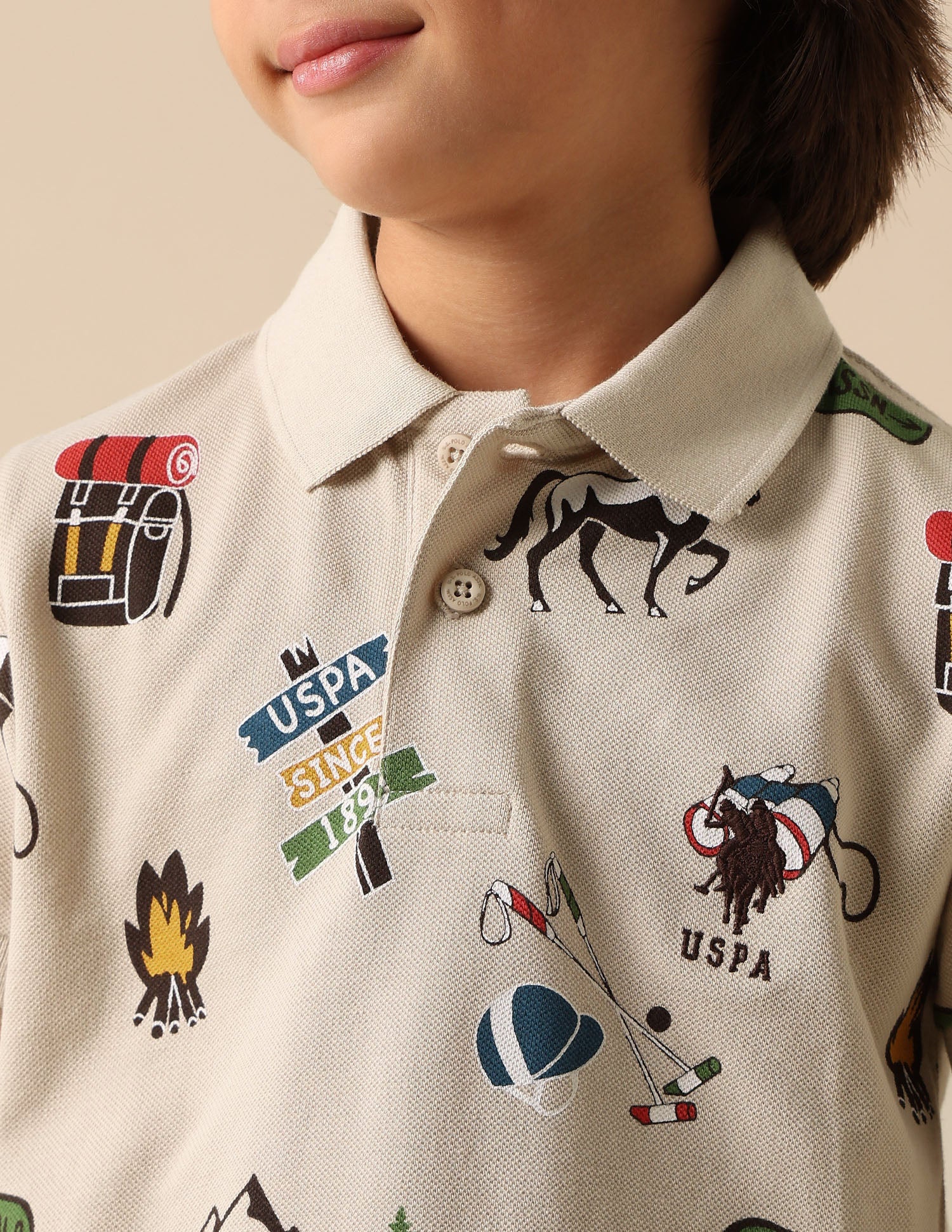 Boys All Over Printed Pure Cotton Polo Shirt Light Brown - U.S. POLO ASSN. | Large