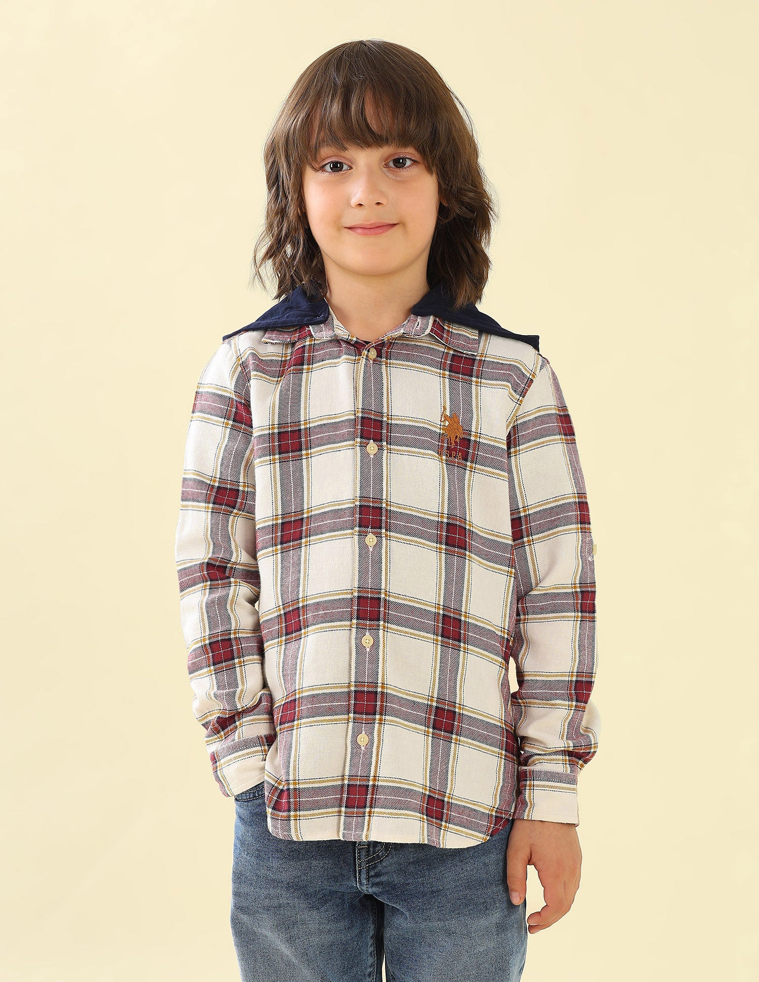 Twill Plaid Checked Hooded Shirt Off White - U.S. Polo Assn. India | Large