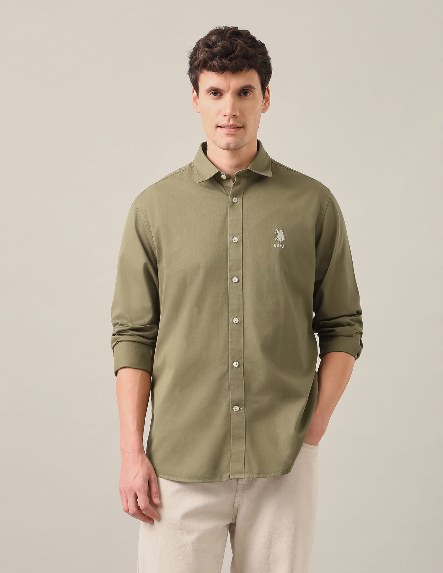 Slim Fit Cotton Shirt Dark Green - U.S. Polo Assn. India | Large