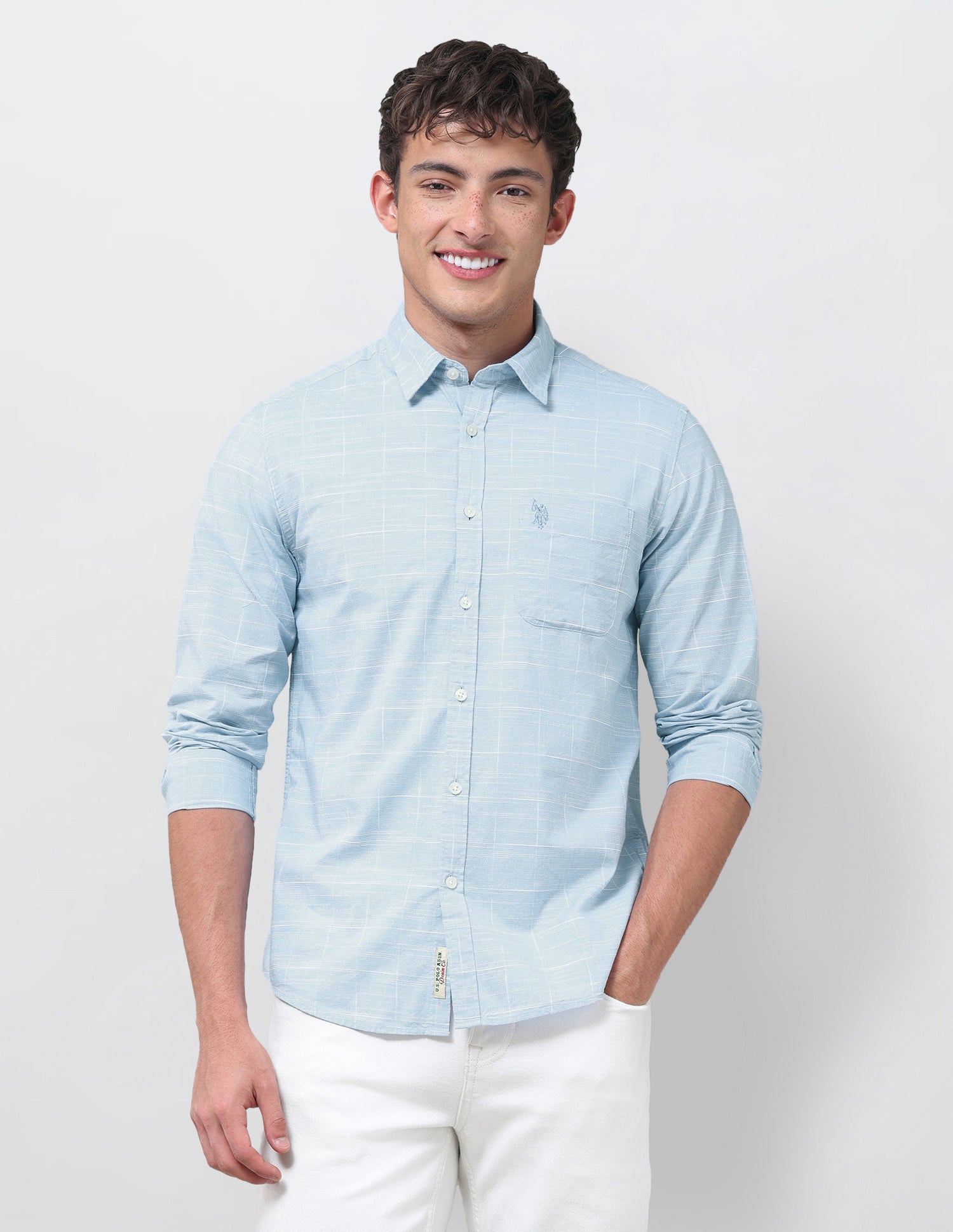 Windowpane Checked Jaquard Shirt Light Blue - U.S. Polo Assn. India | Large