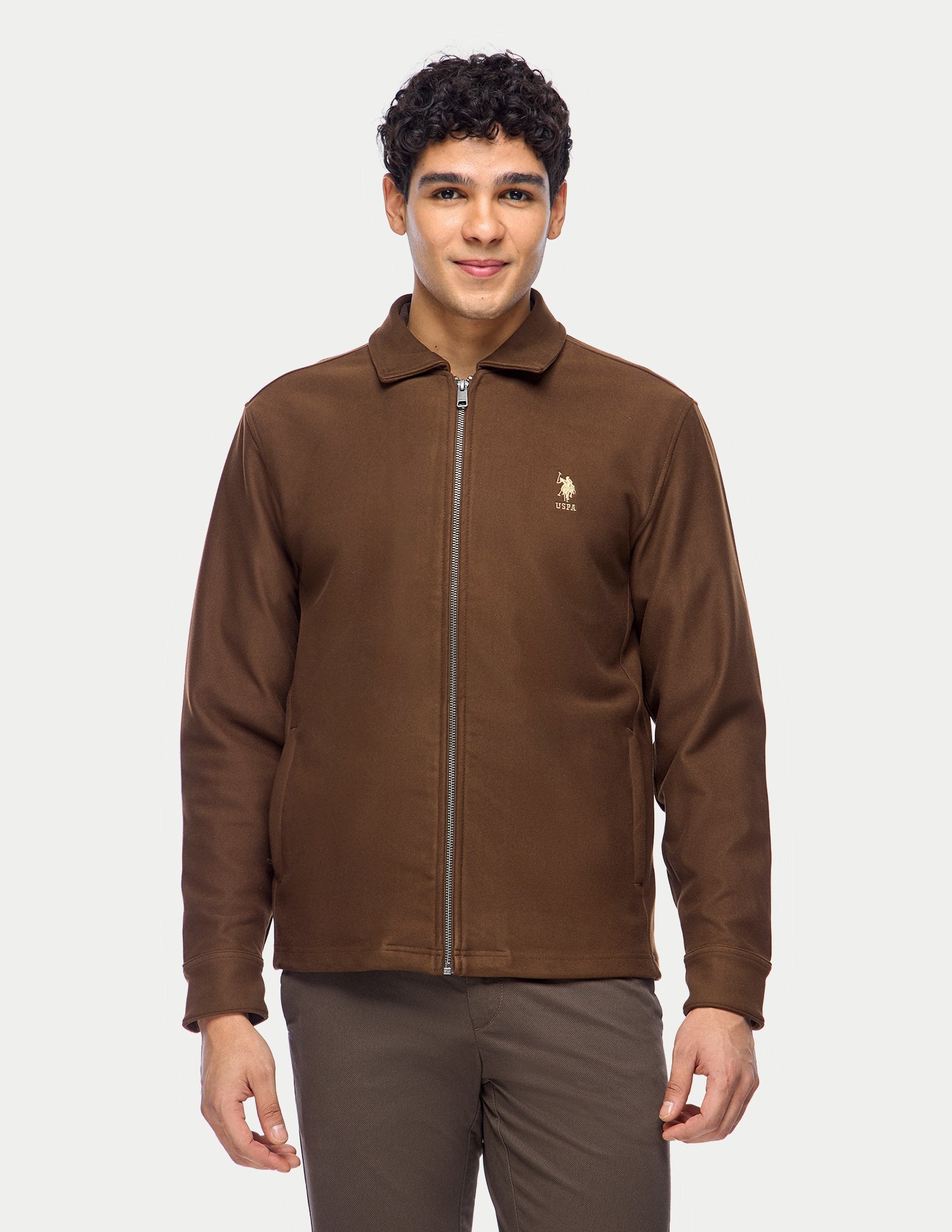 Solid Slim Fit Zipper Sweatshirt Dark Brown - U.S. Polo Assn. India | Large