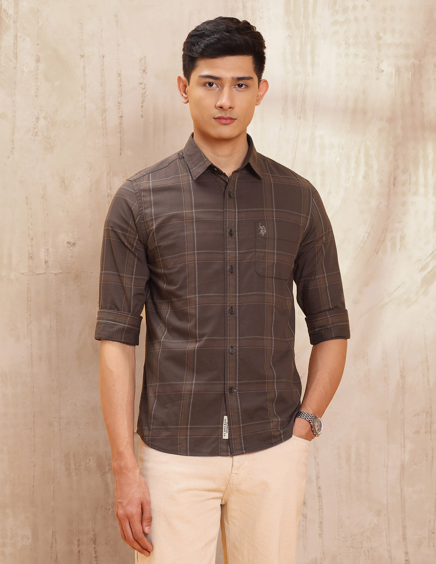 Grid Tattersall Checked Pure Cotton Shirt Dark Brown - U.S. POLO ASSN. | Large