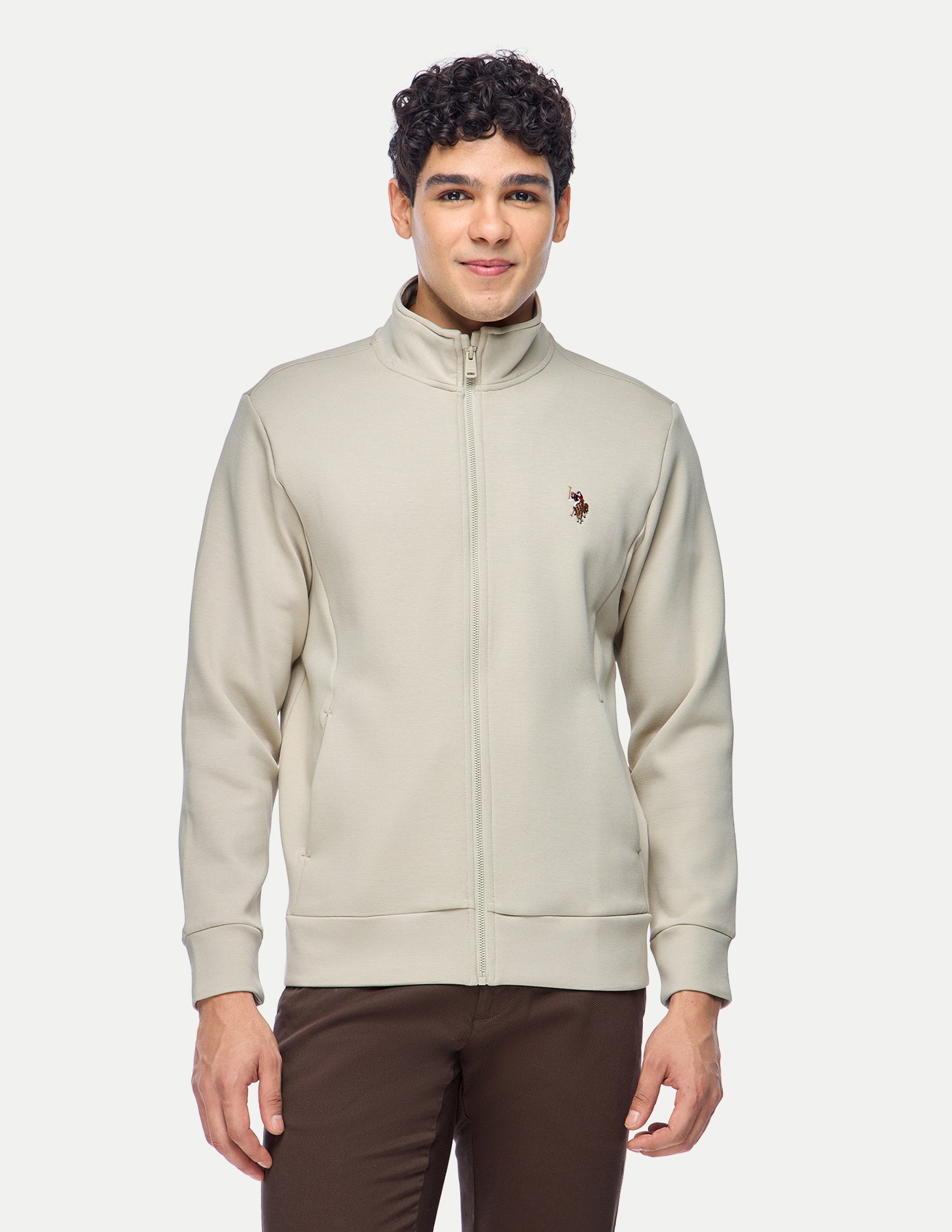 Solid Regular Fit Zipper Sweatshirt Beige - U.S. Polo Assn. India | Large