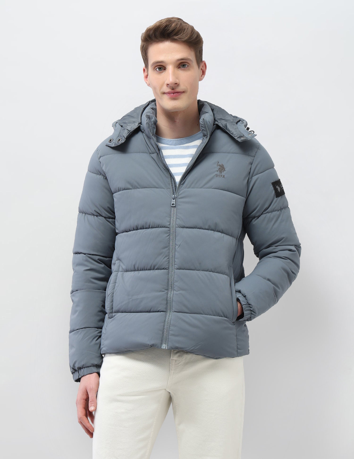 Detachable Hood Puffer Jacket Grey - U.S. Polo Assn. India | Large