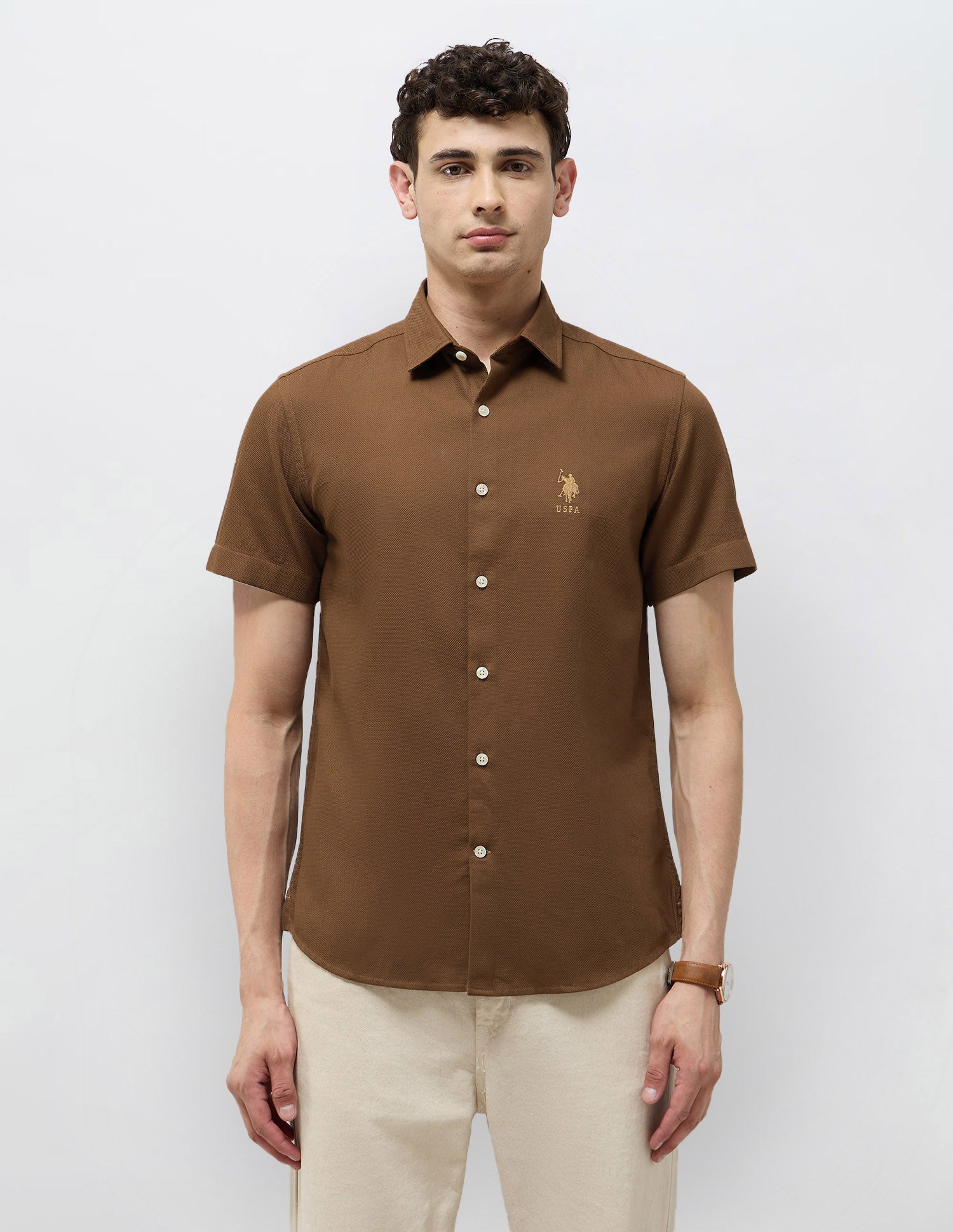 Dobby Textured Regular Fit Shirt Brown - U.S. Polo Assn. India | Large