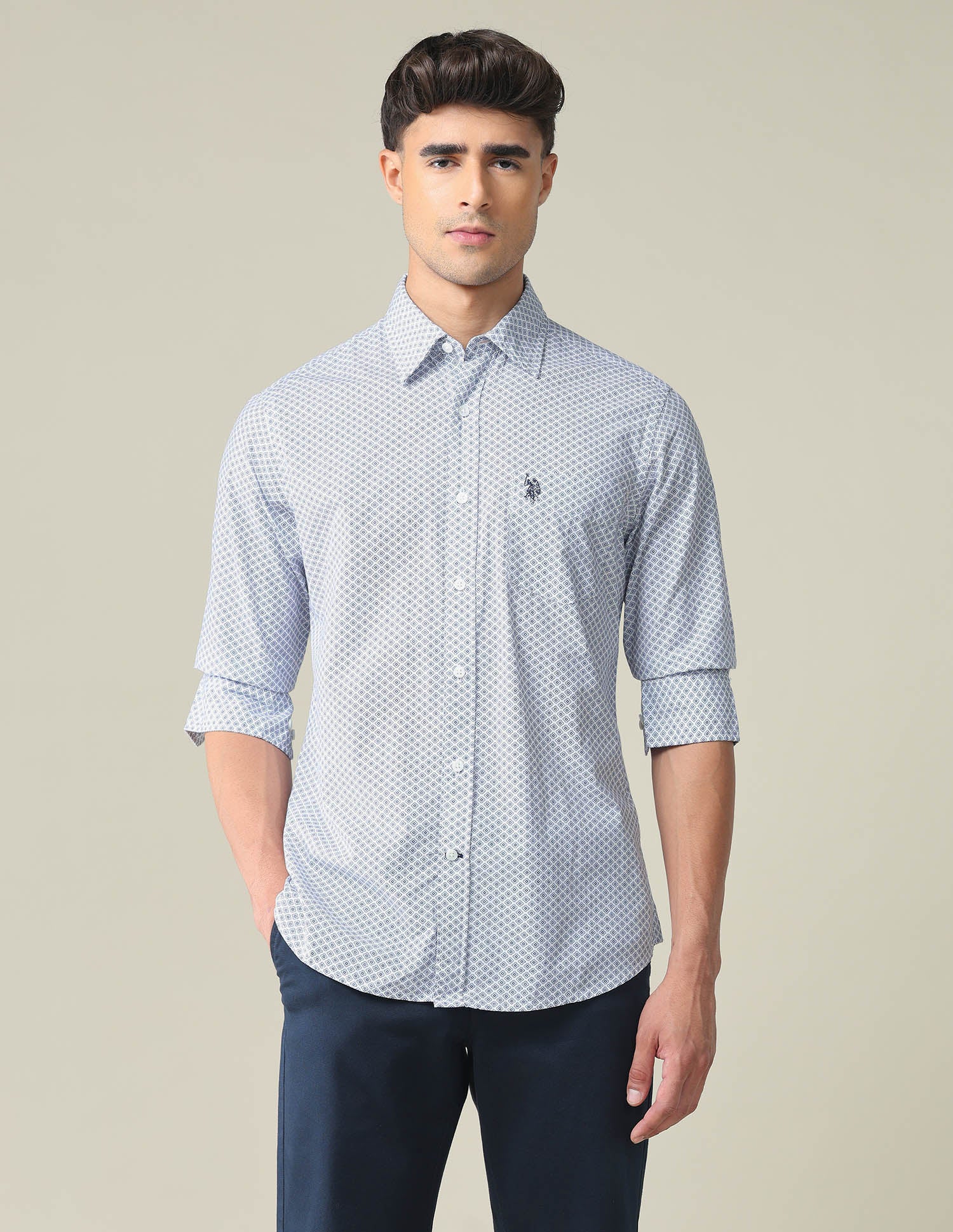 Rounded Cuff Geometric Shirt Blue - U.S. POLO ASSN. | Large