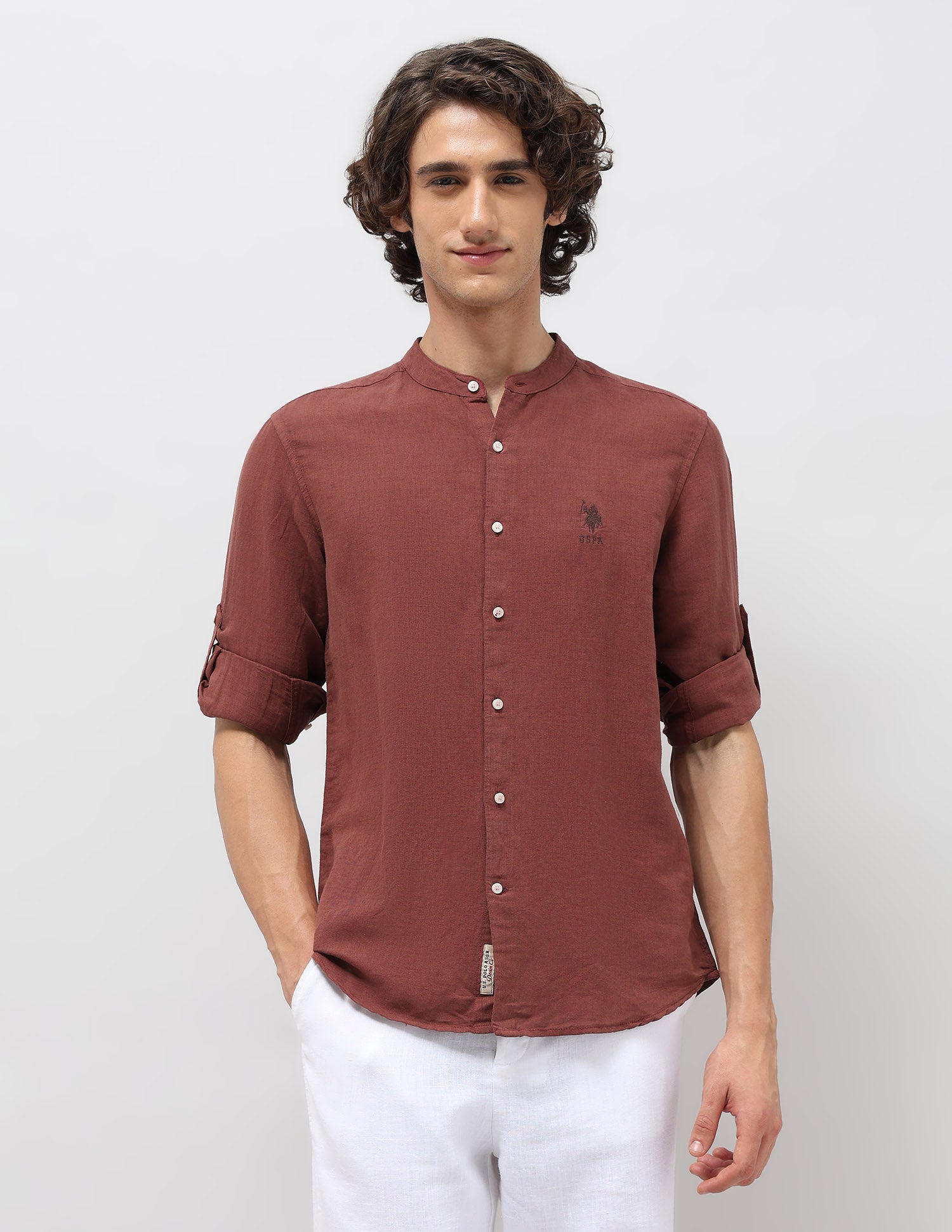 Solid Regular Fit Mandarin Shirt Rust - U.S. Polo Assn. India | Large