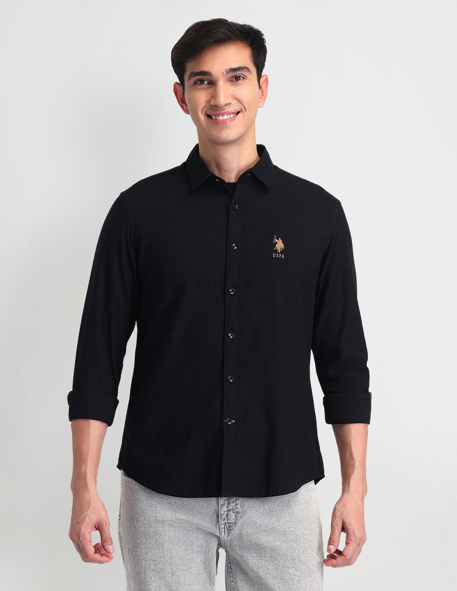 Pure Cotton Solid Shirt Black - U.S. Polo Assn. India | Large