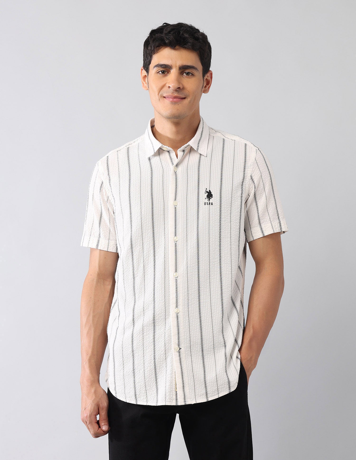 Vertical Striped Seersucker Regular Fit Shirt White - U.S. Polo Assn. India | Large