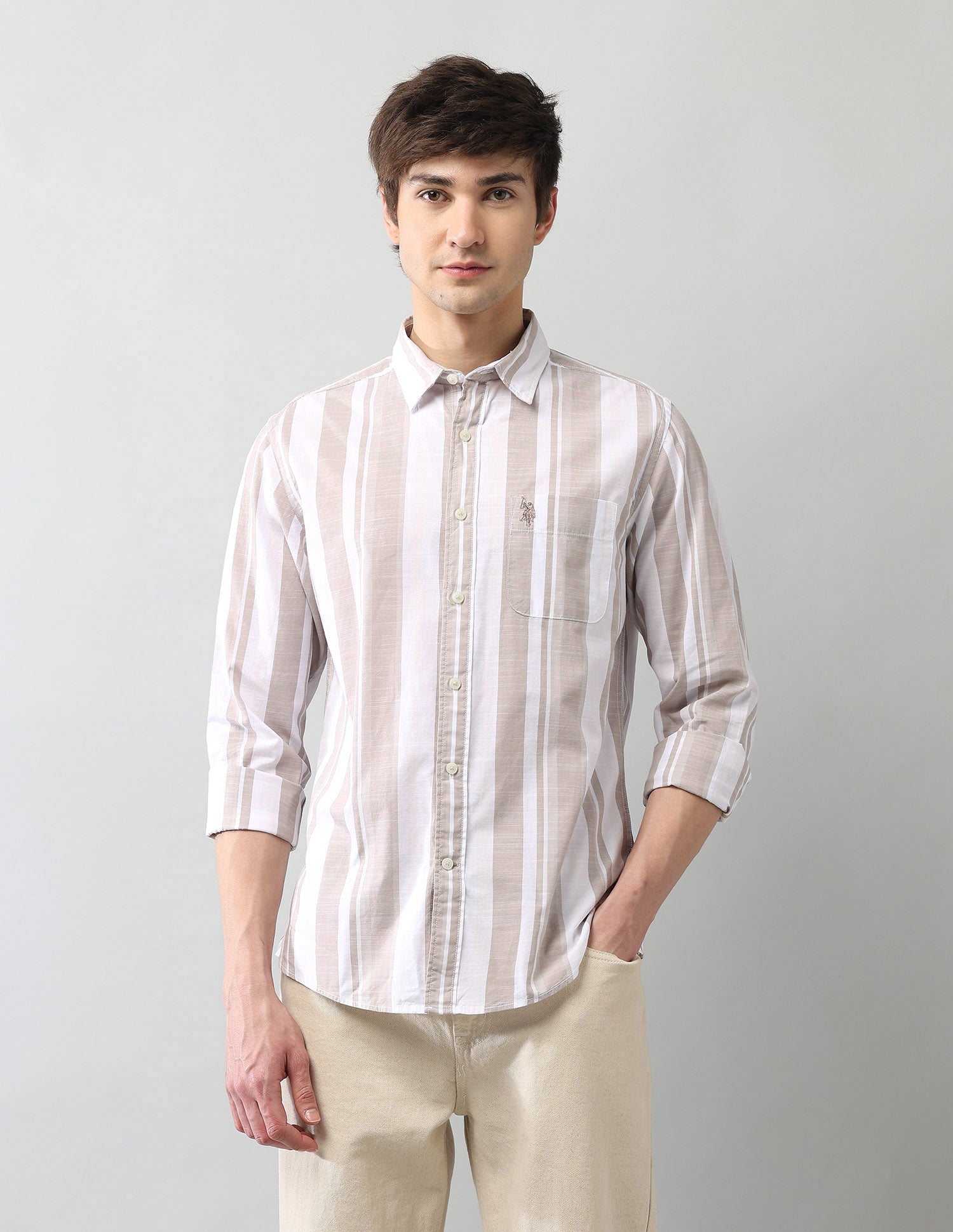 Vertical Striped Cotton Poplin Shirt Khaki - U.S. Polo Assn. India | Large