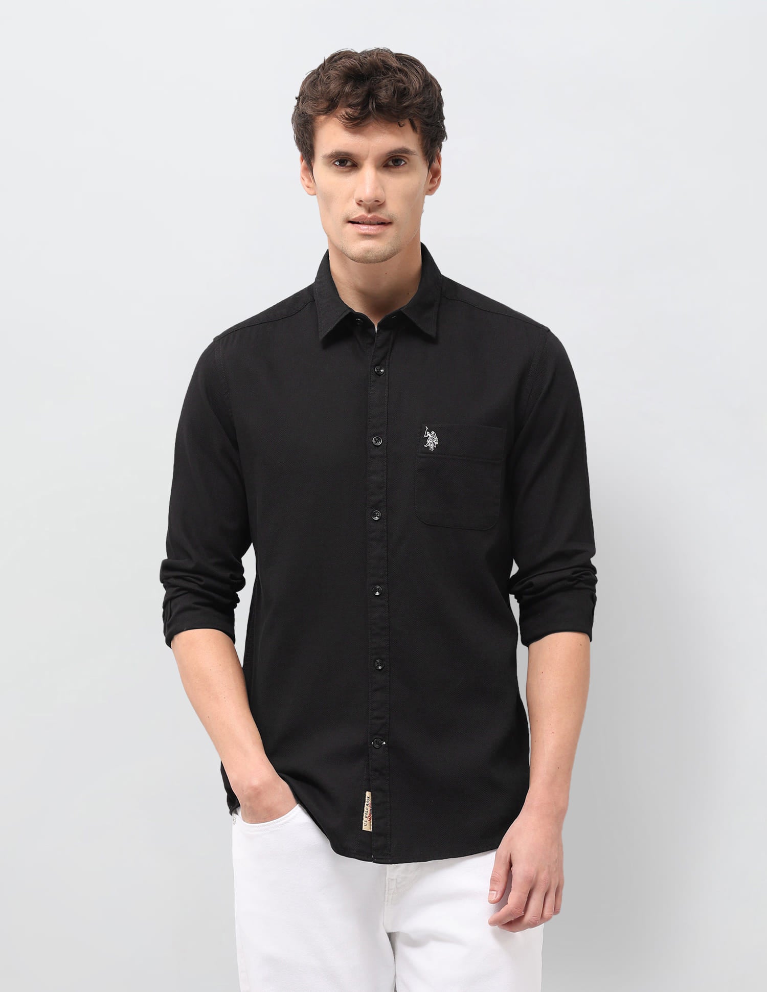 Solid Dobby Regular Fit Shirt Black - U.S. Polo Assn. India | Large