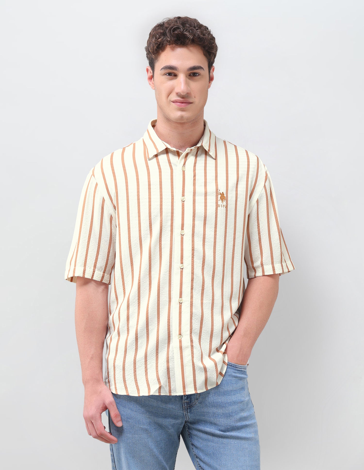 Vertical Striped Seersucker Weave Shirt Light Brown - U.S. Polo Assn. India | Large