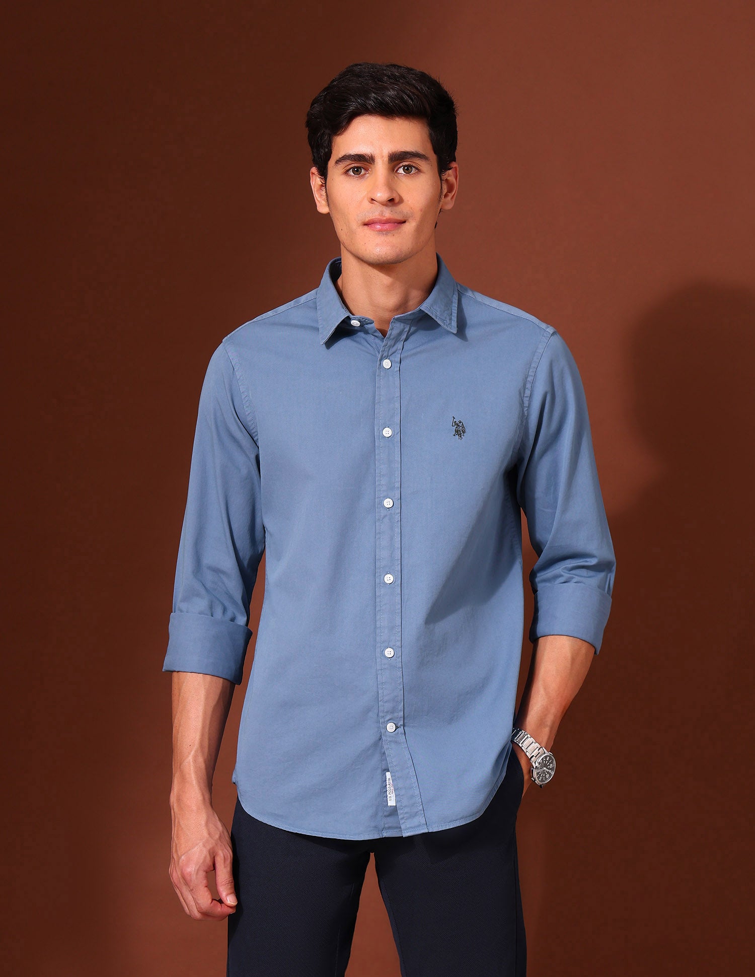 Pure Cotton Regular Fit Twill Shirt Blue - U.S. Polo Assn. India | Large