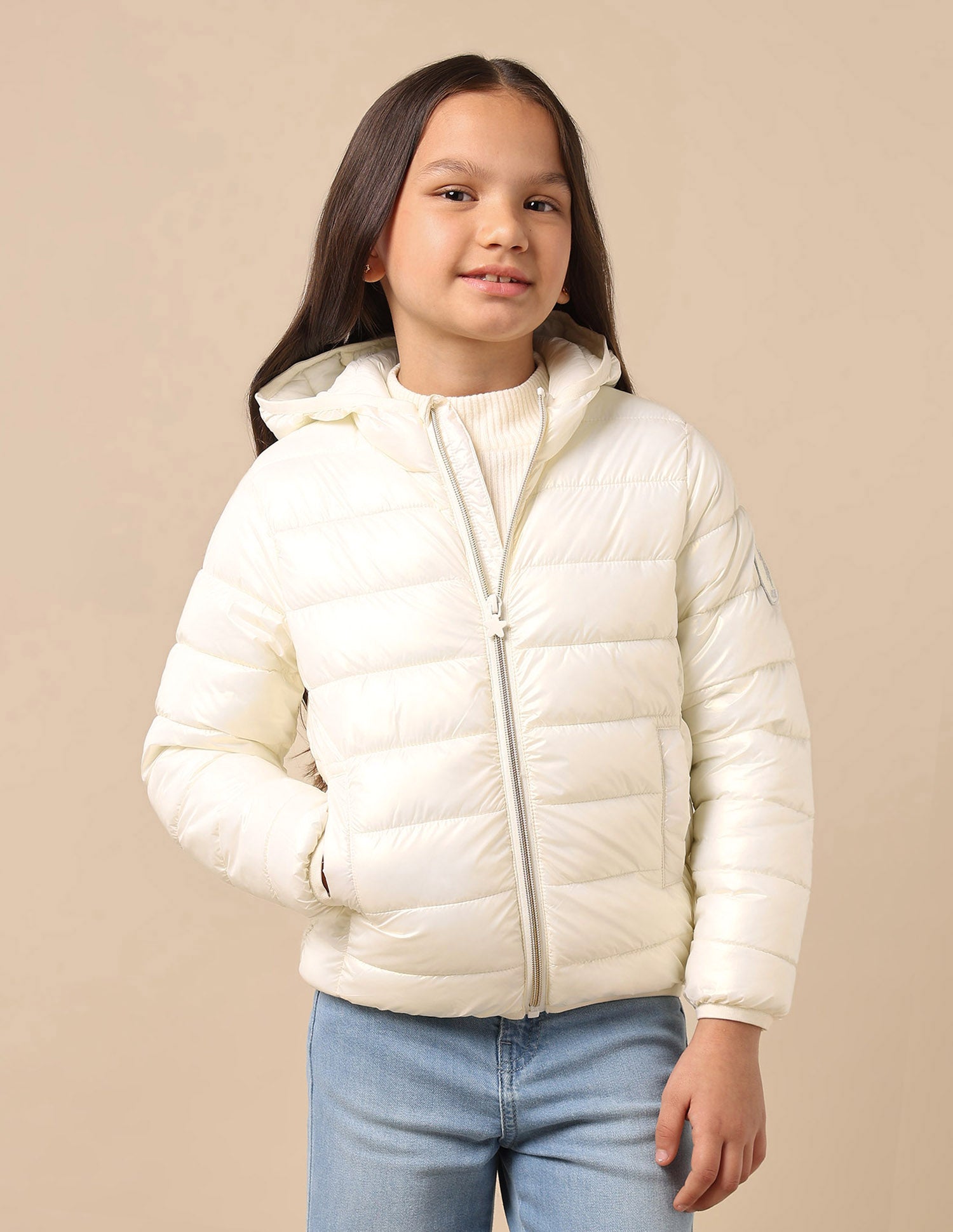 Girls Nylon Puffer Jacket Ecru - U.S. POLO ASSN. | Large
